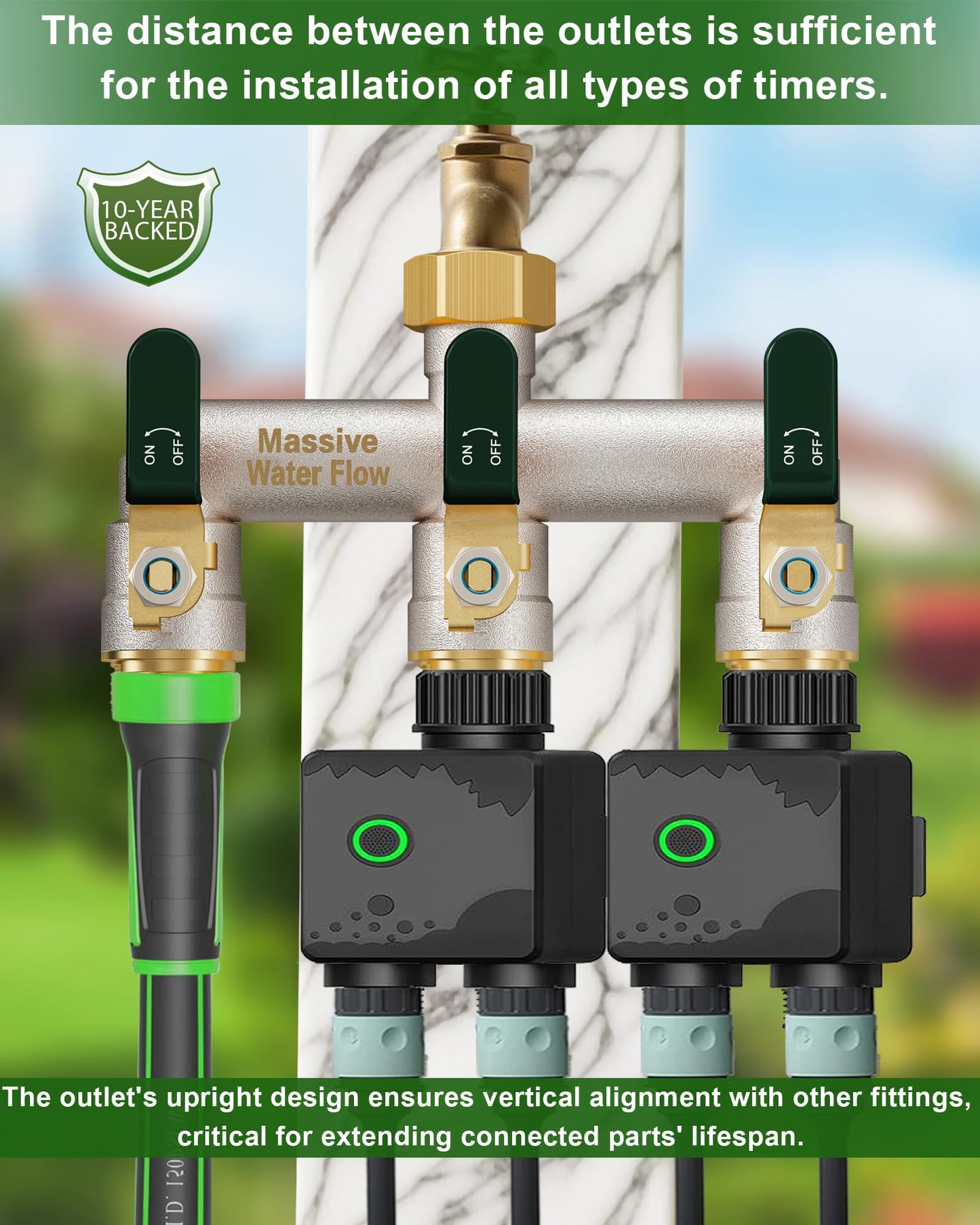 Garden Hose Splitter 3 Way Heavy Duty Brass Nickel Plated Hose Splitter with Large Handle, Full Flow Water Hose Spigot Splitter with Shutoff Valve, T Adapter Connector, 3/4 - Inch GHT Thread（Green）
