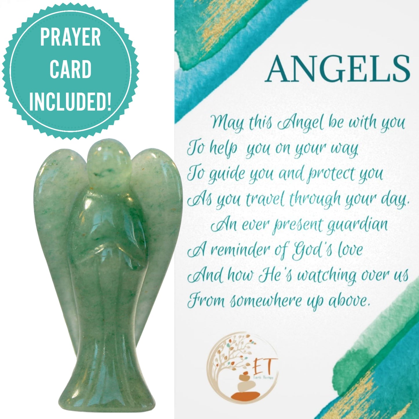 Earth Therapy Original Pocket Guardian Angel with Serenity Prayer Card - Green Aventurine Healing Stone Figurine - Bless Yourselves and Your Loved Ones