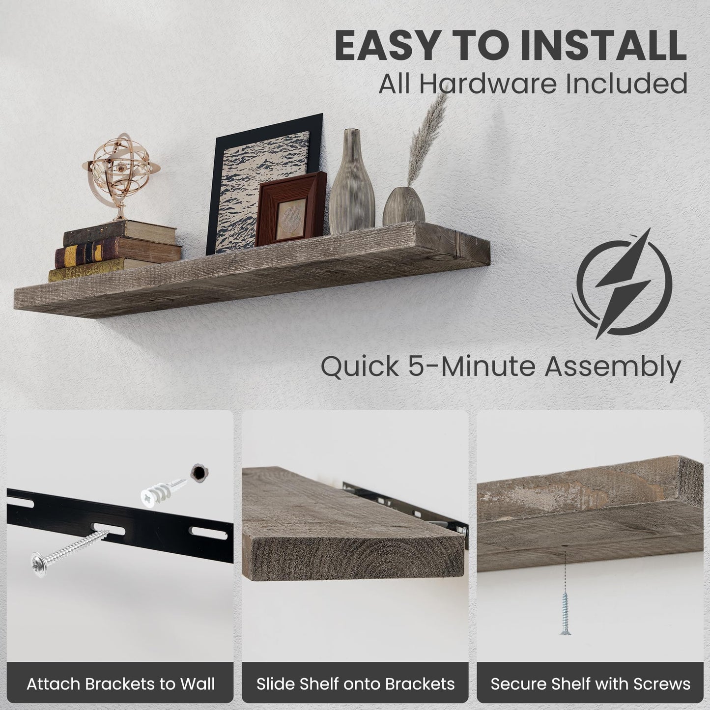 FLYJOE Floating Shelves Reclaimed Barnwood, 8" Deep Solid Wood Floating Shelf Wall Hanging Shelves with Invisible Heavy-Duty Metal Bracket | Wall Mounted | Farmhouse Style | 40 inches,2PCS,Grey