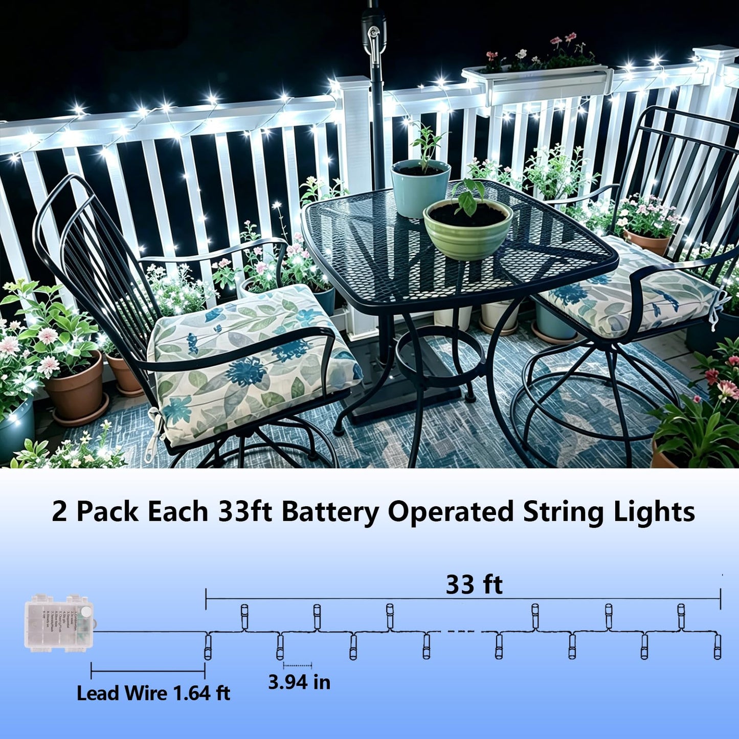 YEGUO Battery Operated String Lights, 2 Pack Each 33ft 100 LED Twinkle Fairy Lights Outdoor Waterproof, 8 Modes Clear Wire White Christmas Lights Indoor with Remote