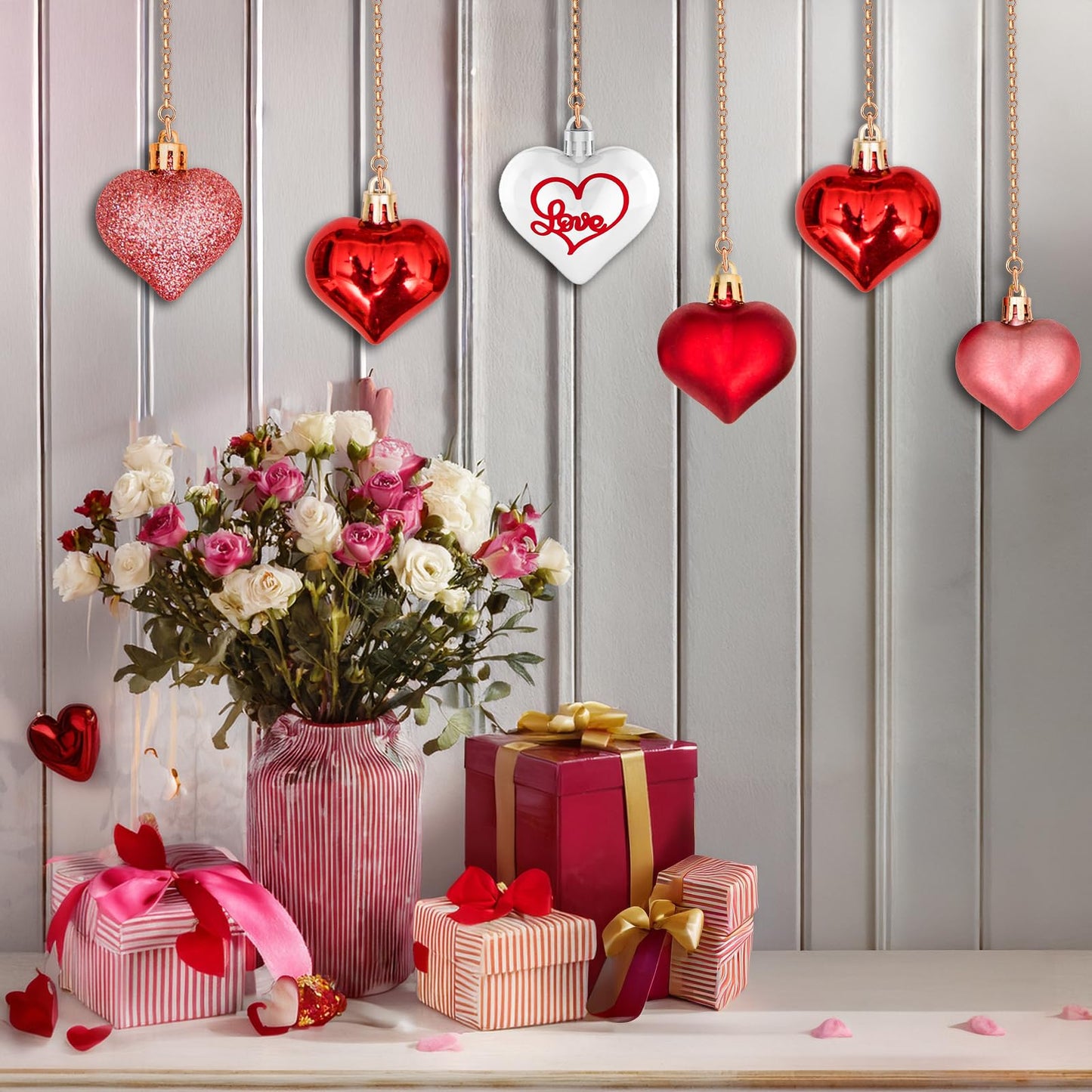 45Pcs Valentine's Day Heart Shaped Ornaments, Heart Shaped Baubles Red Pink Glitter White Silver Hanging Decorations for Valentine's Day Christmas Wedding Anniversary(9 Styles)