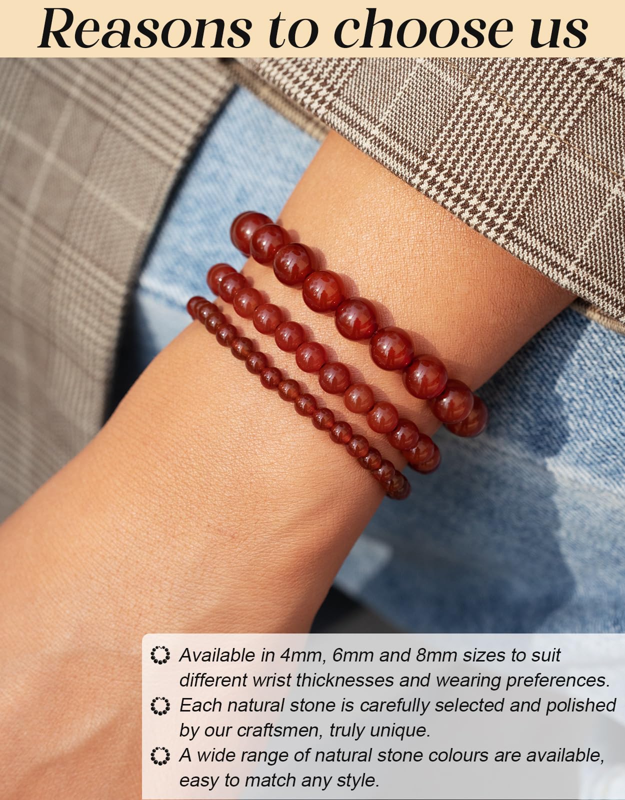 Landorilo Beaded Bracelet for Men Women, 6mm Natural Stone Carnelian Healing Crystal Stretch Bracelets, Ideal Christmas Birthday Jewelry Gifts with Energy Card，Replacement Beads Included