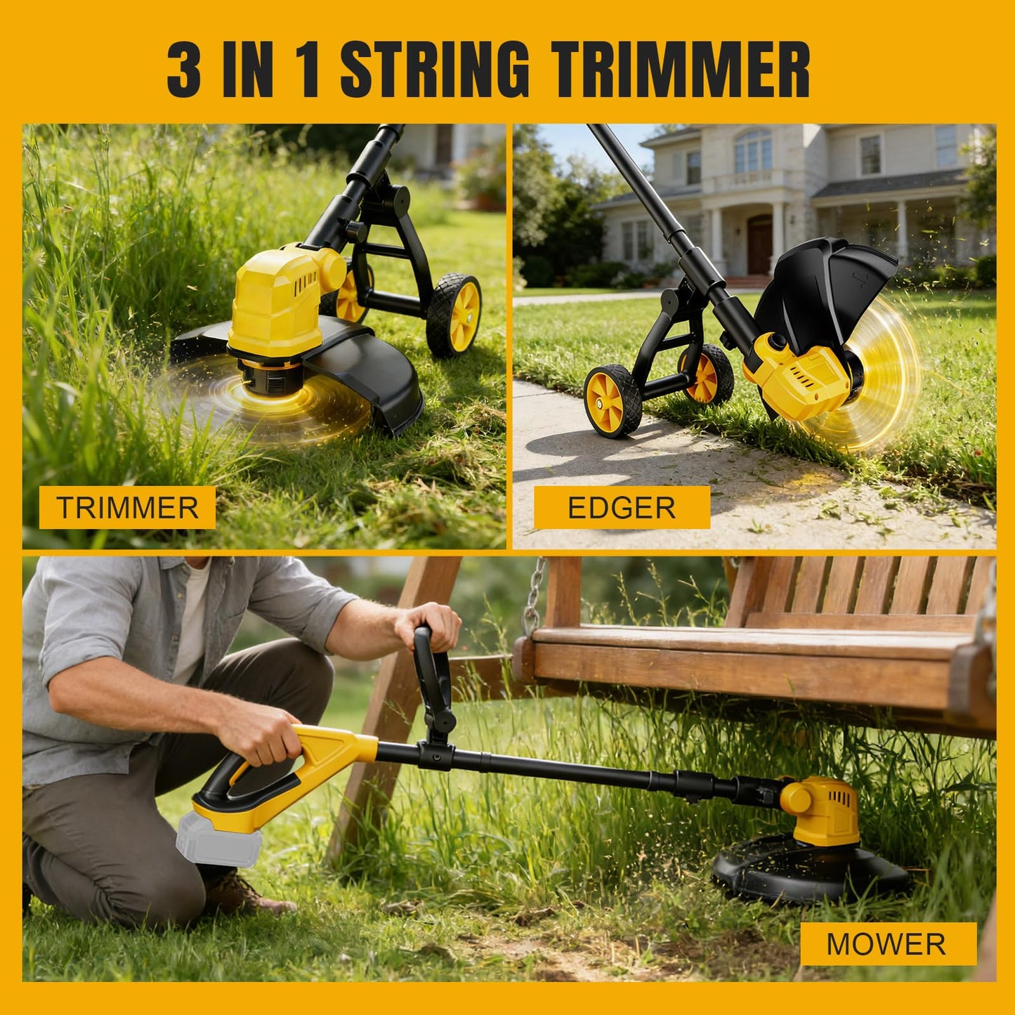 Cordless String Trimmer & Lawn Edger for Dewalt 20V Battery (NO Battery), 14" Electric Weed Eater and Edger Battery Powered, 3 in 1 Lawn Tool Wheeled with 8 Pcs Grass Cutter Spool Line for Yard Garden