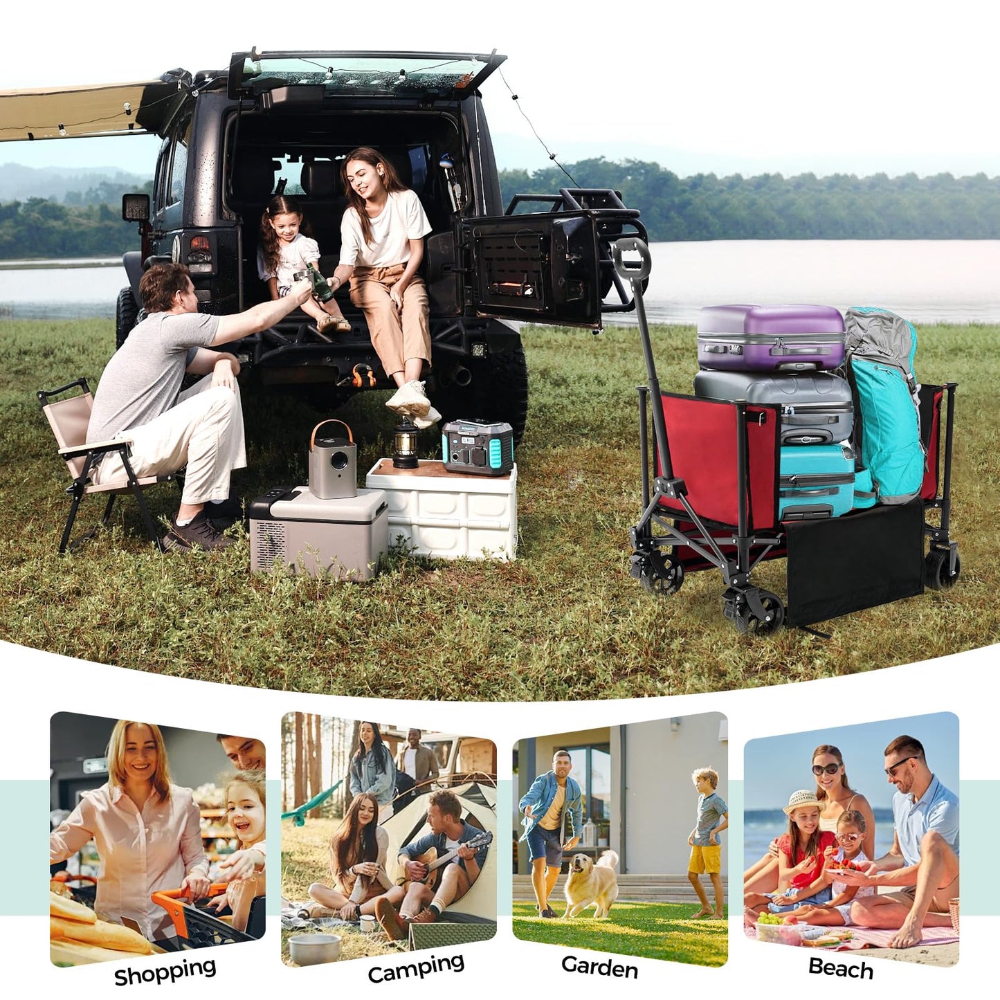 SUNNYFEEL Collapsible Wagon Cart, 200LBS Capacity Foldable Camping Cart with Wheels, Adjustable Handle， Lightweight Wagon for Shopping, Garden，Beach & Pet Use