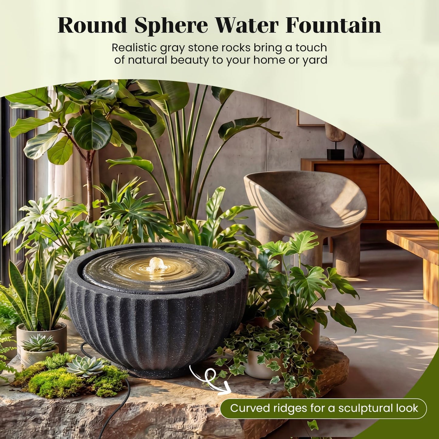 Giantex 18" Round Outdoor Water Fountain with 6 LED Lights, Stone Gray Resin Sphere Waterfall Feature with Adjustable Pump, Lighted Bubbling Fountain for Garden Patio Porch Decor (18" Dia. x 9.5" H)