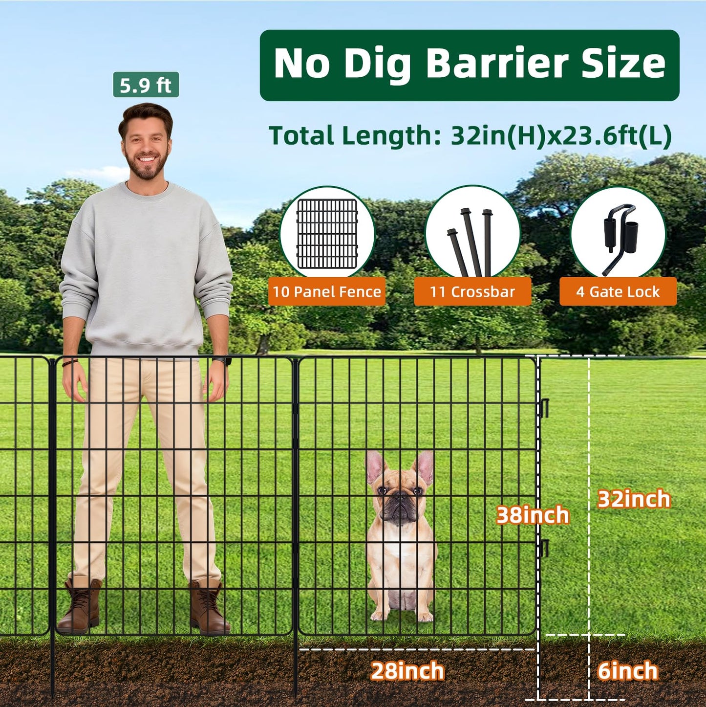 RYDIZA [3-PLY] No Dig Garden Fence Animal Barrier with Gate, 32 in (H) x23.6ft (L), 10 Panels Metal Dog Fence Outdoor for Yard, Decorative Temporary Fence Tall Garden Fencing for Dogs Outside