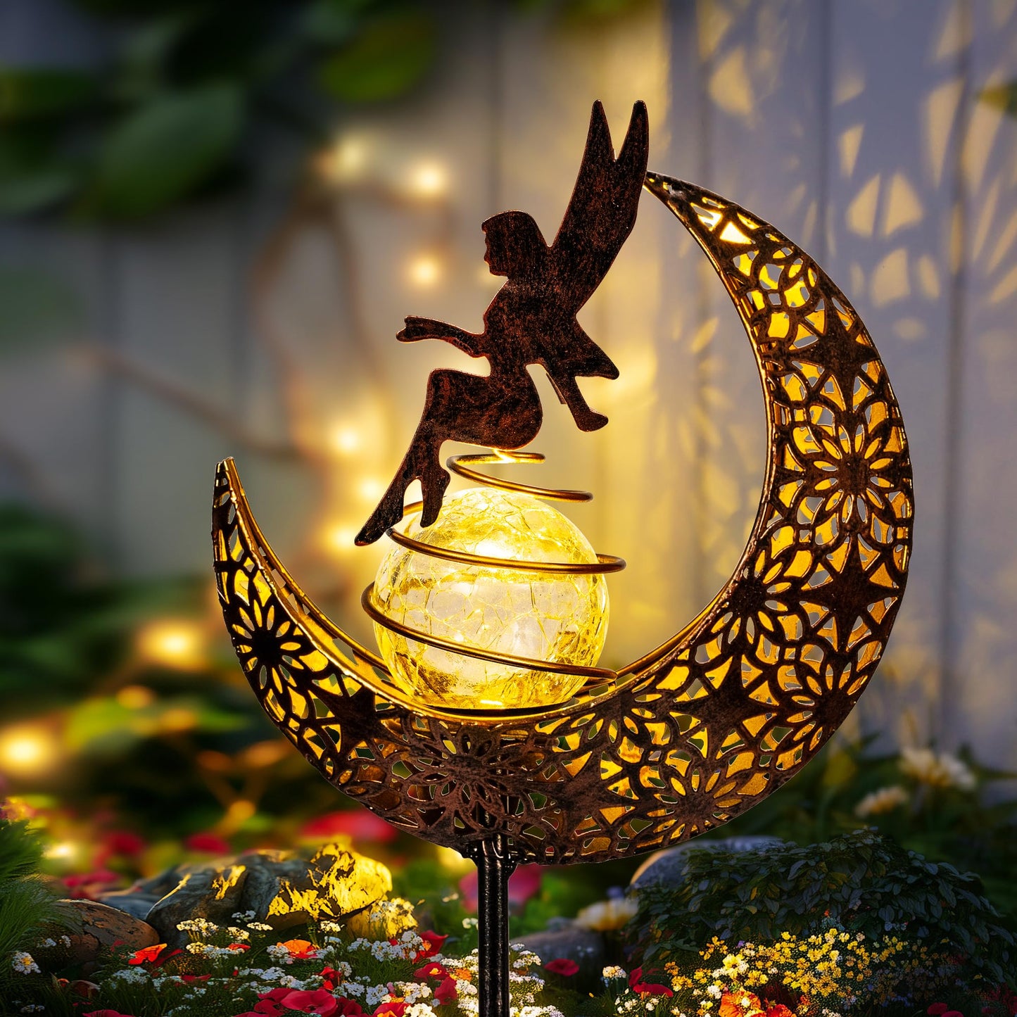 SUNCKET Fairy Garden Solar Lights Outdoor Moon Stakes, Waterproof Outdoor Metal Decor Gifts for Women Mom, Art Moon Sculpture for Yard, Patio, Garden, Porch, 1 Pack