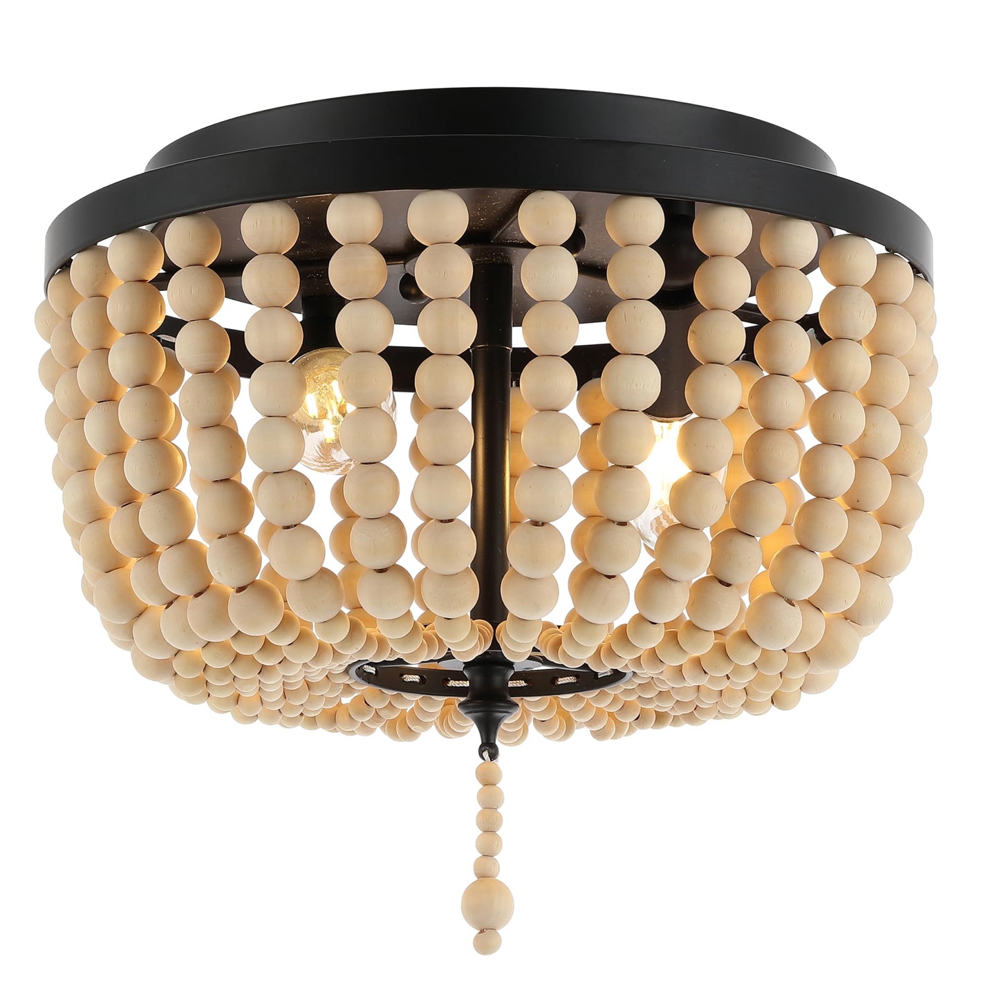 JONATHAN Y 10" Black/Cream Allison 2-Light LED Flush Mount Ceiling Light for Bedroom, Wood Beaded Shade Shabby Chic Farmhouse Rustic Decor, LED Bulbs Included (JYL9074B)