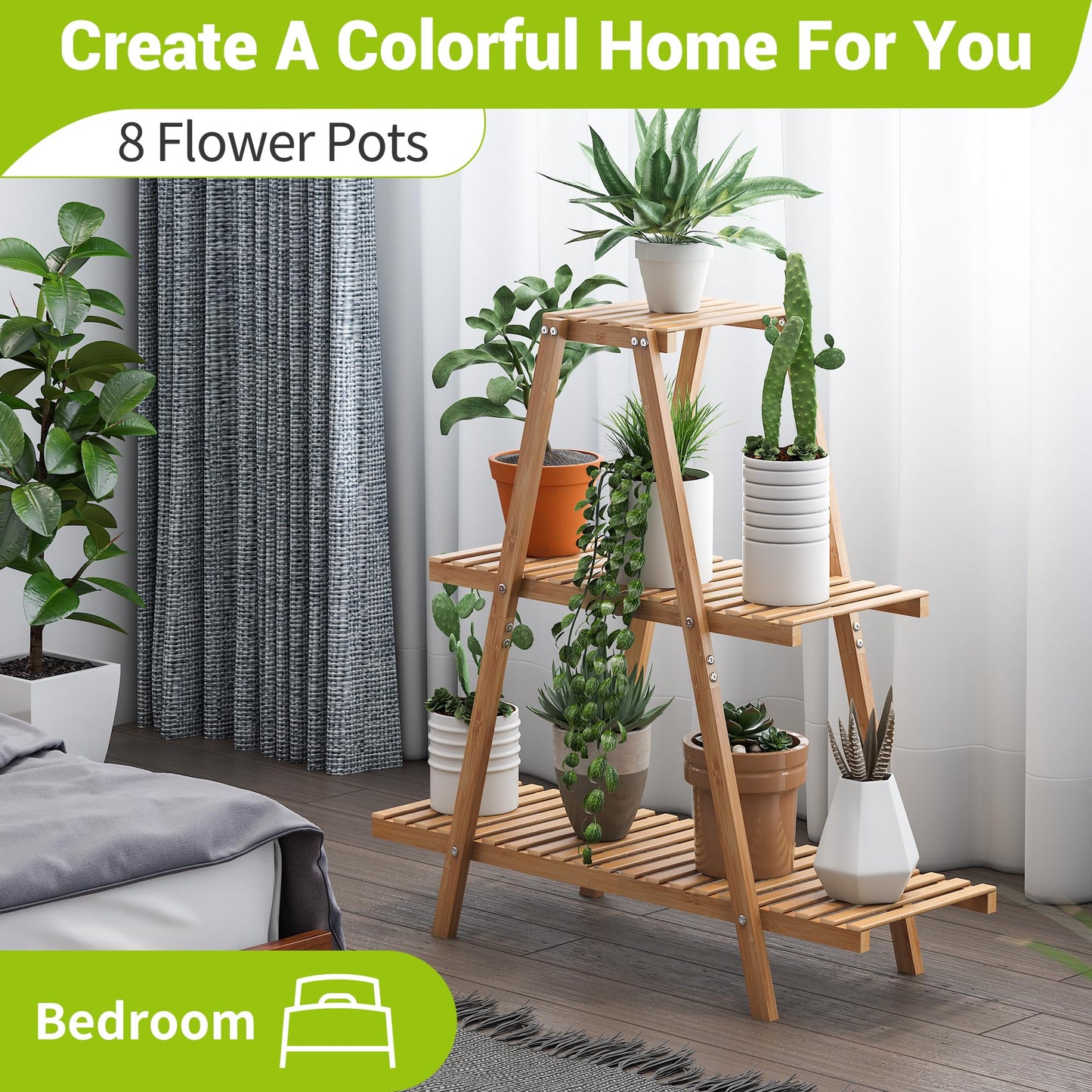 BMOSU Plant Stand Bamboo for Indoor Outdoor Tiered Plant Shelf 8 Potted Flower Holder Ladder Rack Garden Balcony Living Room Patio(3 Tier Natural)