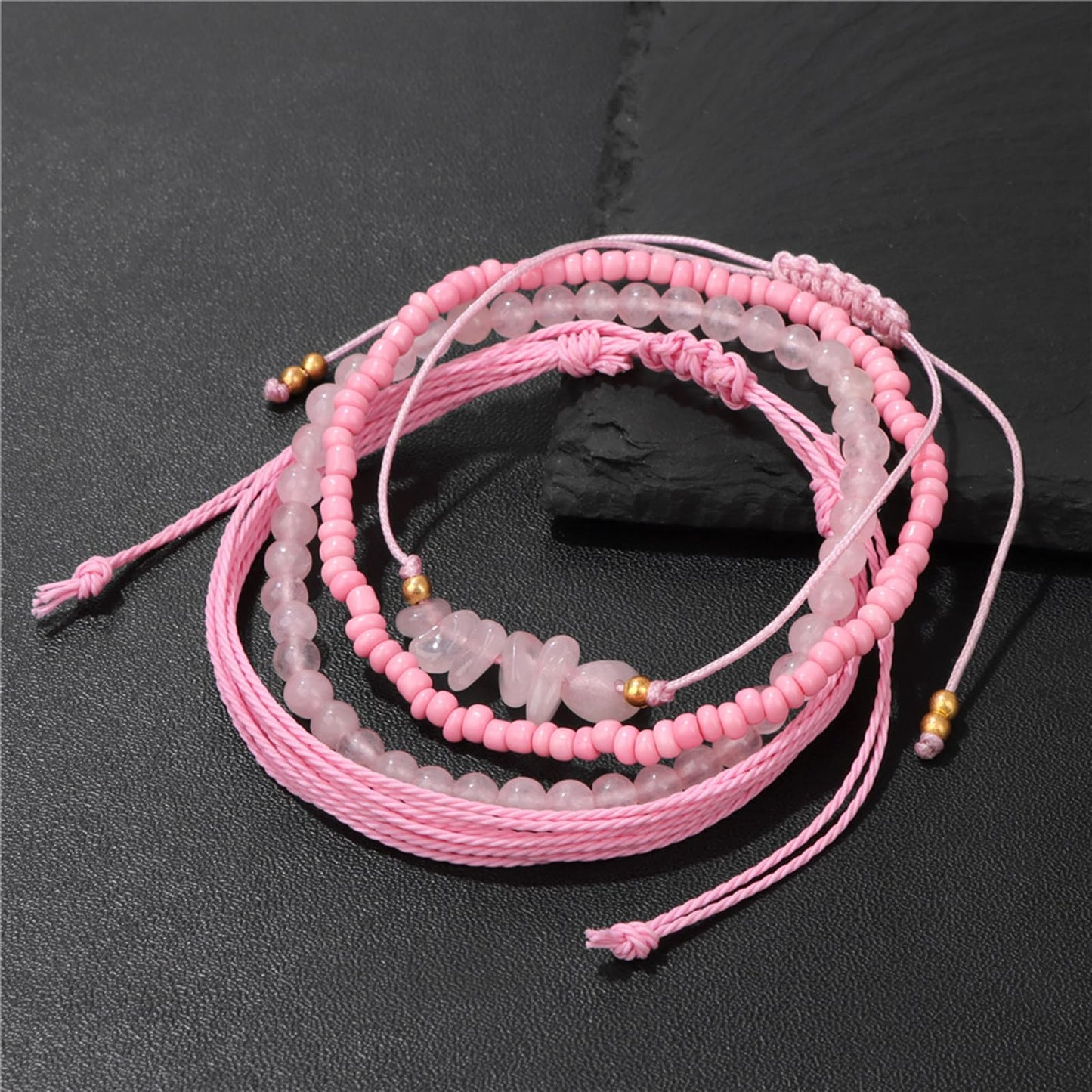 MORIANCE 4Pcs Rose Quartz Bracelet for Women Rose Quartz Crystal Boho Bracelet Rose Quartz Jewelry Handmade Pink Natural Stone Beaded Bracelets Pink Jewelry for Women