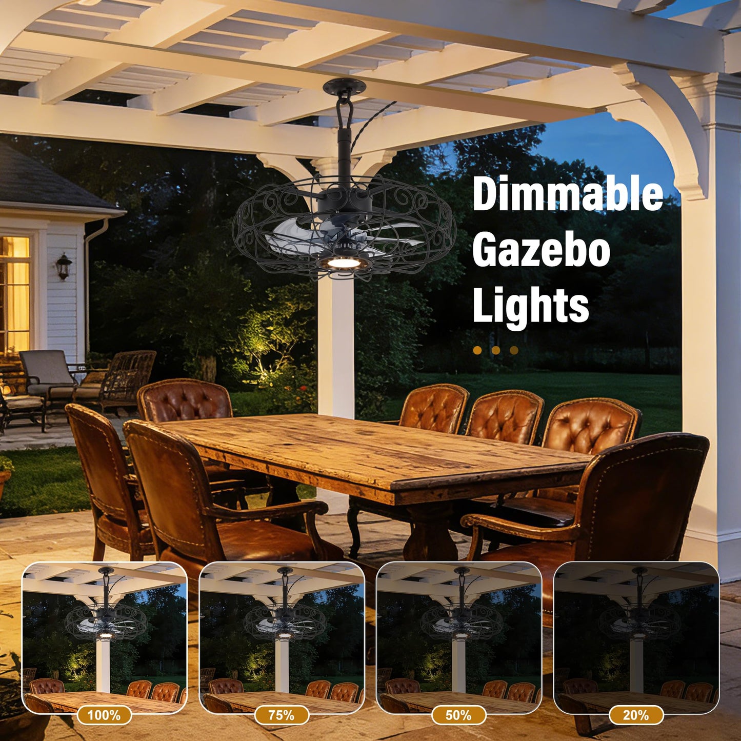 Kuailkag Waterproof Gazebo Fan 20-Inches,Outdoor Ceiling Fan with Light and Remote,APP,3CCT 6-Speeds Plug-in Patio Fans for Outside Porch Pergola(Black)