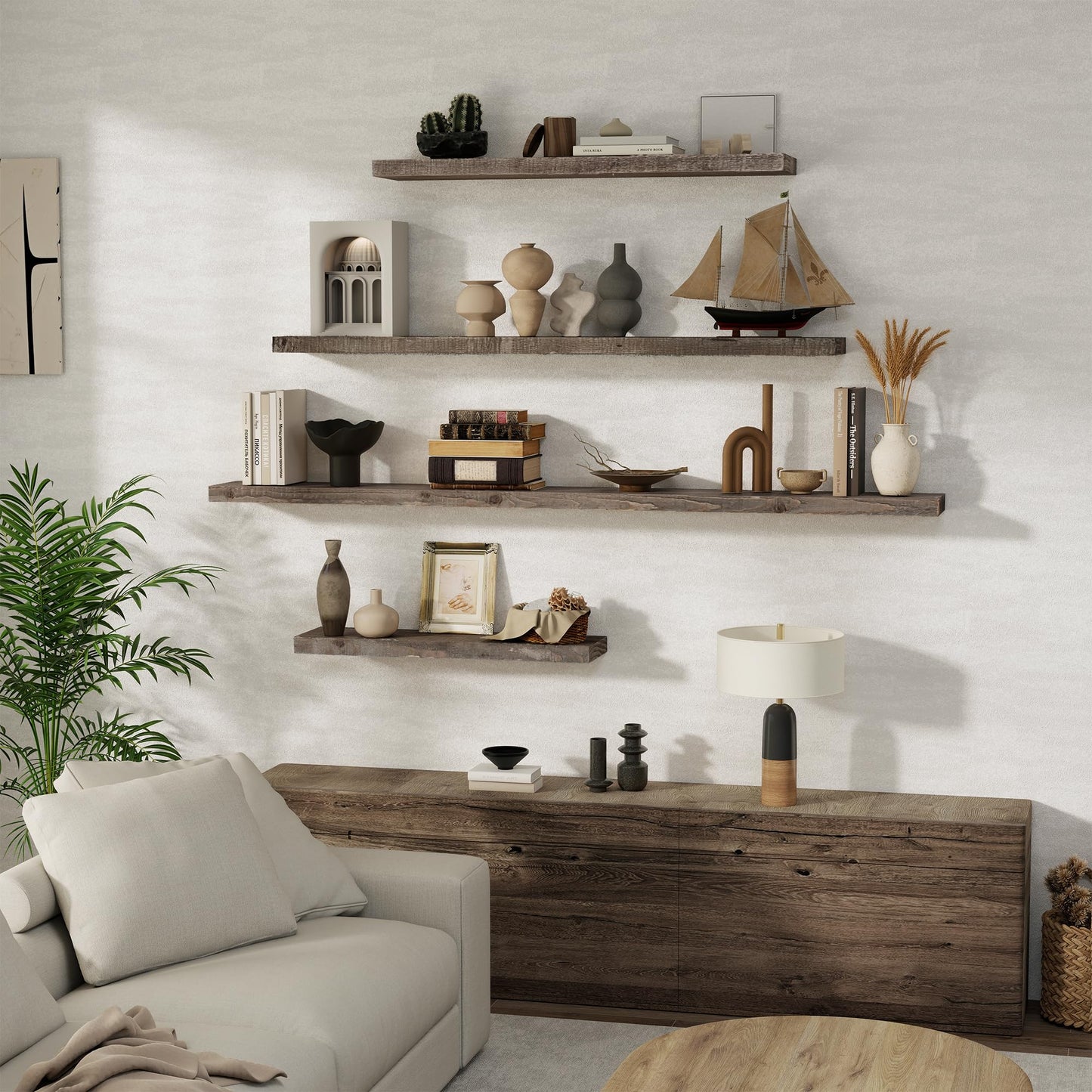 FLYJOE Floating Shelves, 8 Inch Deep Rustic Solid Reclaimed Wood Wall Shelves for Storage, Wall Mounted Display Shelving with Invisible Heavy-Duty Metal Bracket, 30 Inch Width Set of 2, Grey