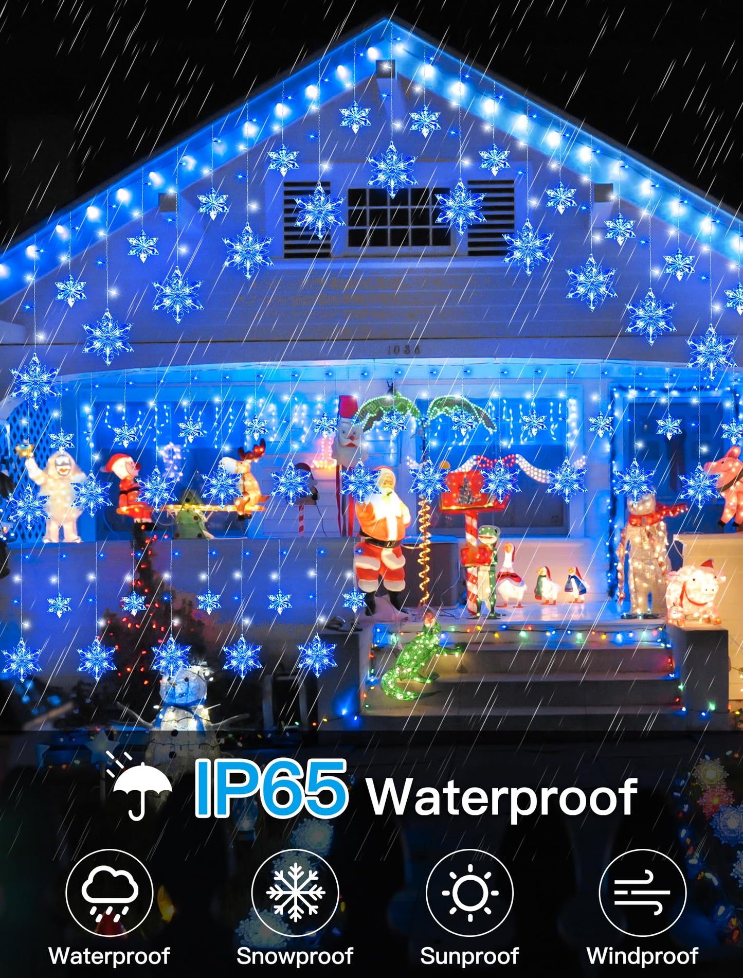 BEEWIN Christmas Snowflake Lights Outdoor,8.2 FT 144 LED Snowflake Icicle Lights with 12 Drops,8 Modes Timer Waterproof Connectable Xmas Light for Eaves,Windows,Curtain,Indoor Outdoor(Blue White)
