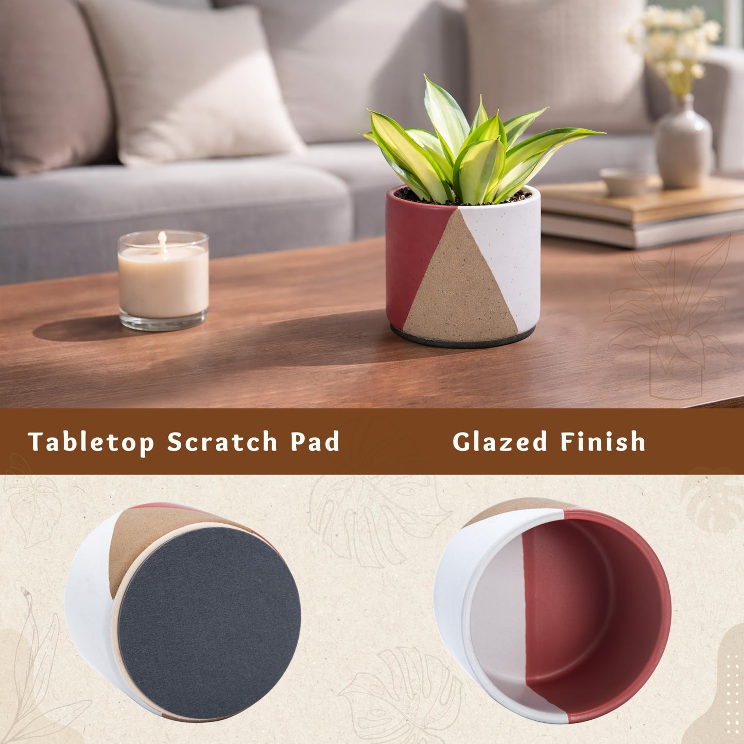 D'vine Dev 4.5" Stoneware Cachepot Planter with 4" Clear Nursery Pot & Detachable Saucer – Indoor Plant Pot with Drainage for Bottom Watering & Root Visibility, Crimson Dune, Set of 2, 93-V-B-4