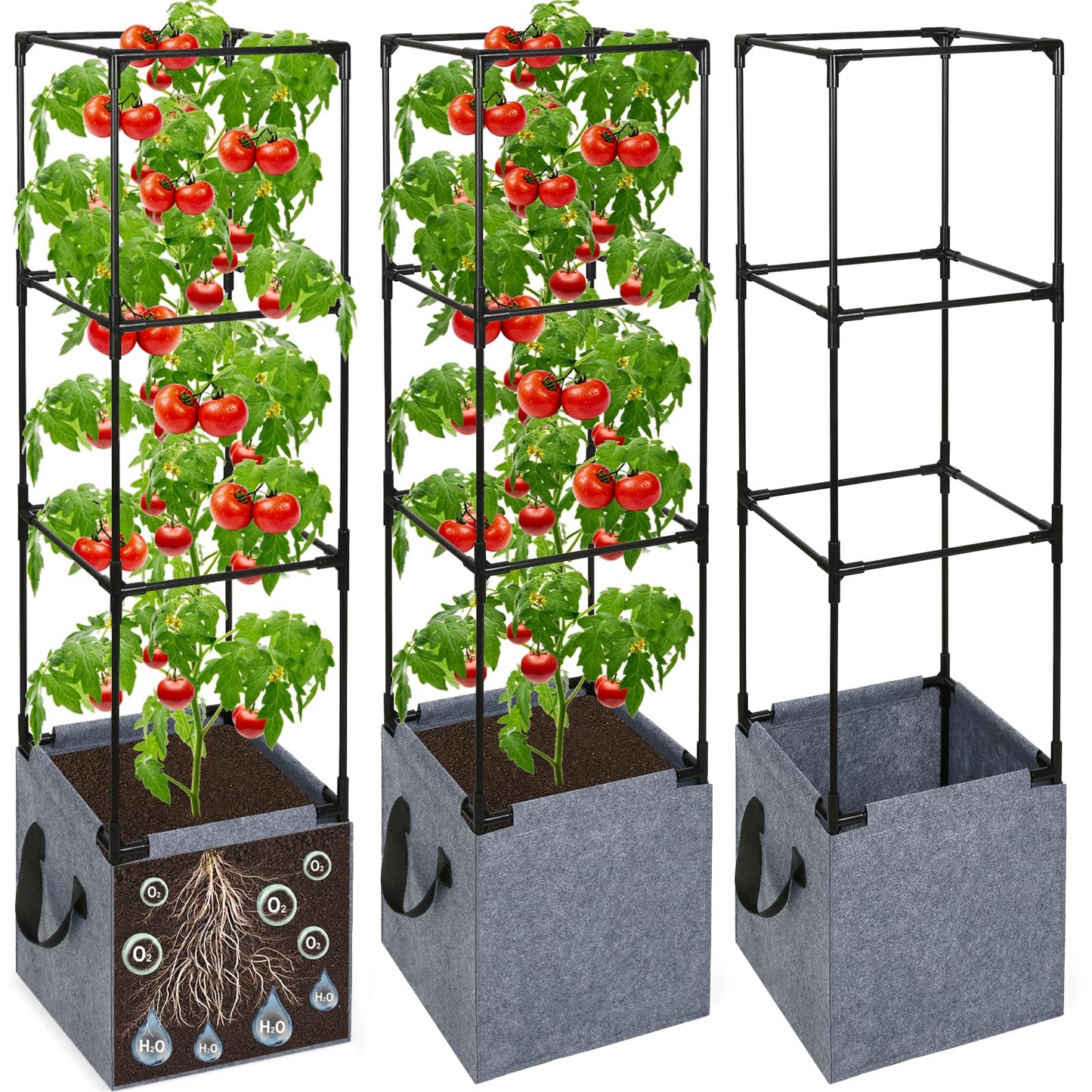 Qinzave 3 Pack Square Tomato Cages with Grow Bags, 42.5 Inch Stable Square Tomato Planter Support Stakes Kit for Garden, Tomato Cages Trellis Pots for Spring Climbing Vegetables Fruits Vines Flowers