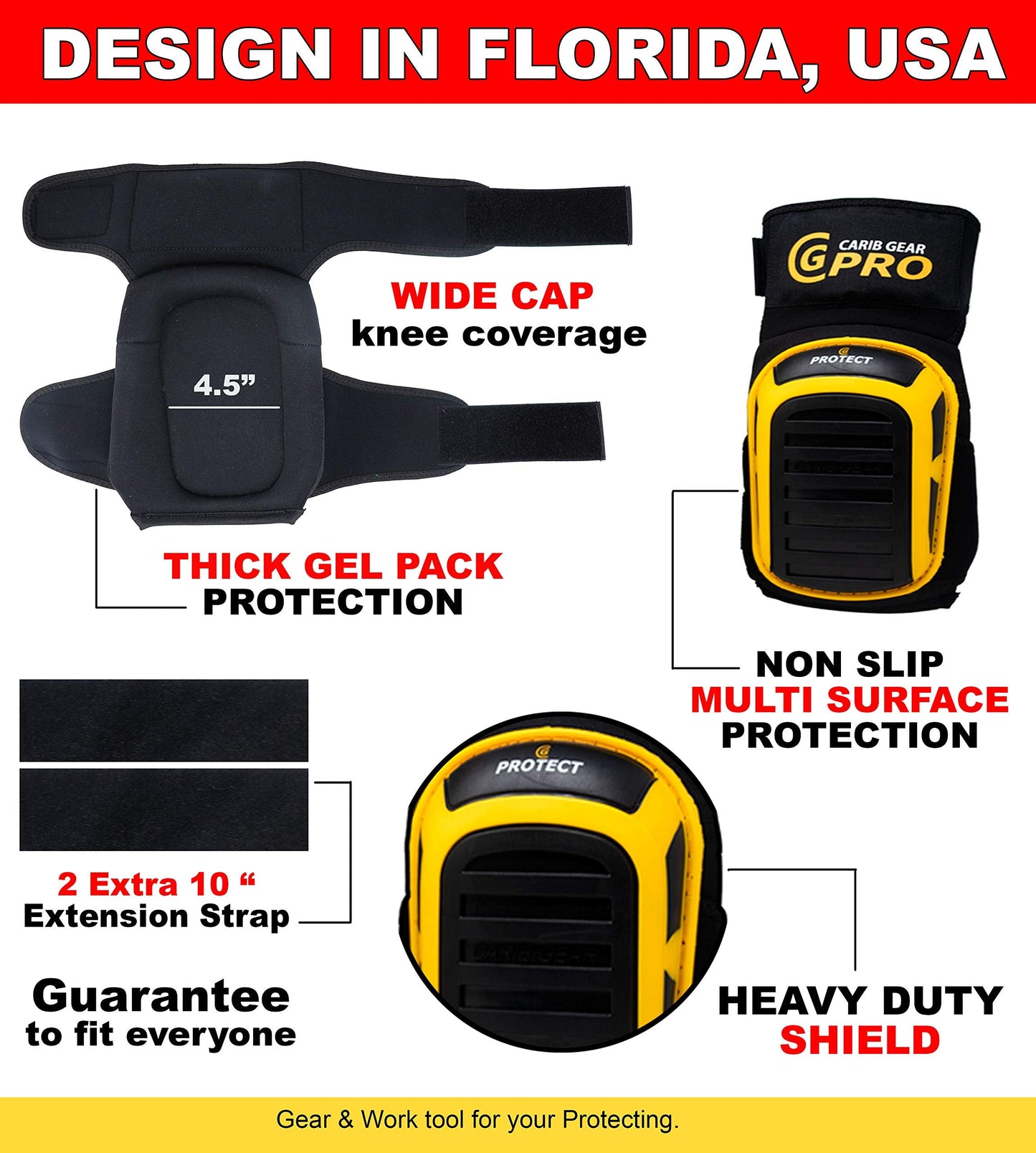 CARIB GEAR PRO USA Work Knee Pads for Men and Women Heavy Duty Double Gel Construction Knee Pads with Anti Slip Straps for Flooring Tiling Gardening Includes Leather Gloves and Safety Glasses