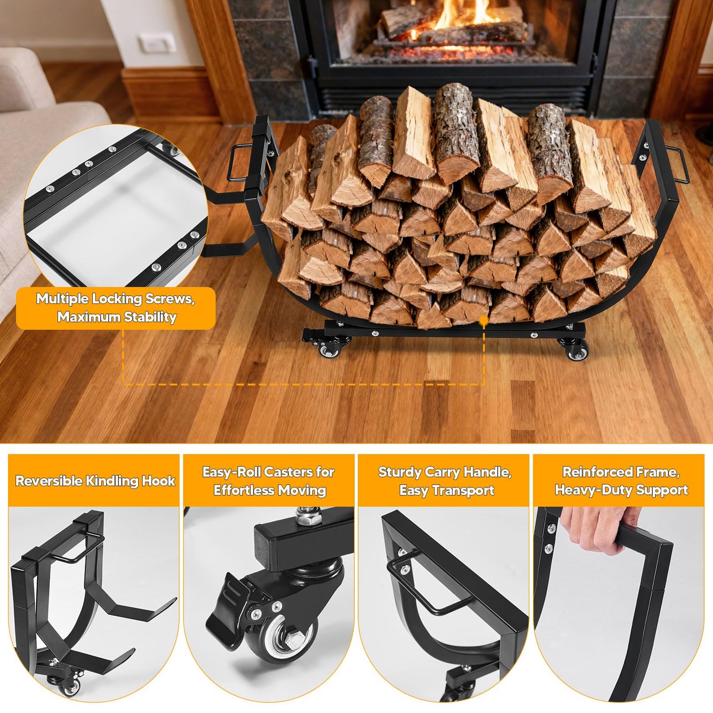 Primachen Firewood Rack Outdoor and Indoor with Wheels & Kindling Wood Hooks, Firewood Storage, Fireplace Wood Storage Rack Movable, Waterproof Stable Log Holder for Fireplace Patio Organizer