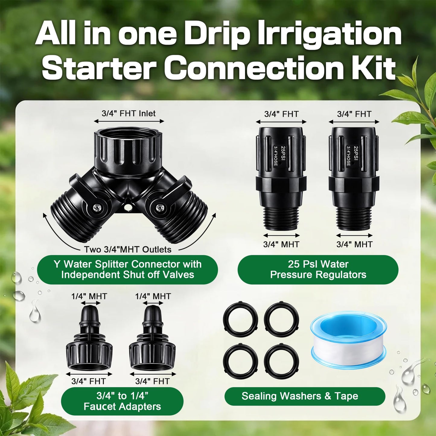 6 Pcs Drip Irrigation Kit, Included 2 Way Y Water Splitter Connector, 2 Pcs 25 PSI Garden Hose Pressure Regulator and 2 Pc 1/4 Inch Irrigation Tubing Hose Adapter for Drip Irrigate System