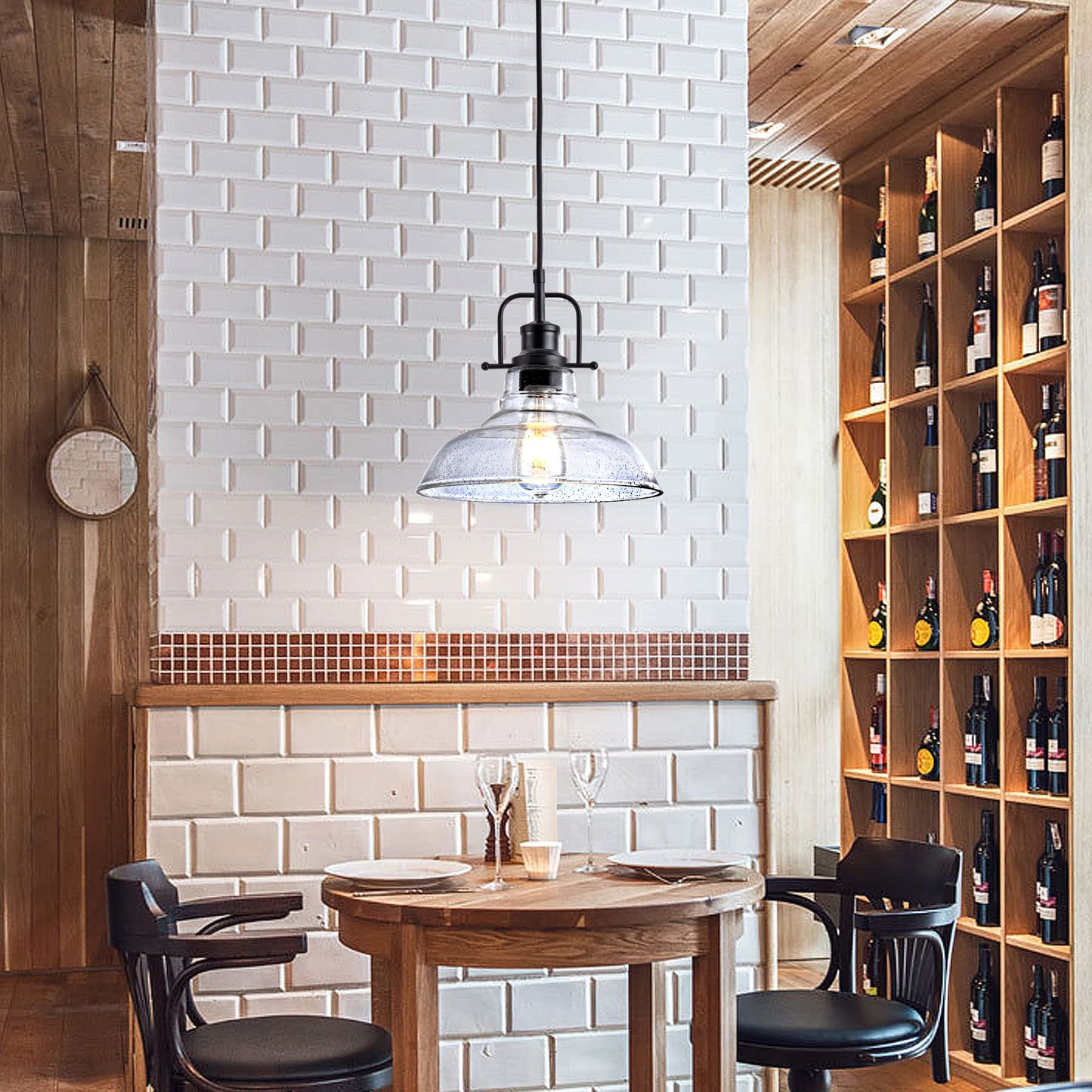Zlepmlla Glass Pendant Light，Black Pendant Light Fixtures with Seeded Glass Shade, Adjustable Height Hanging Lights for Hallway, Kitchen Island, Dinning Room（Bulb not Included）