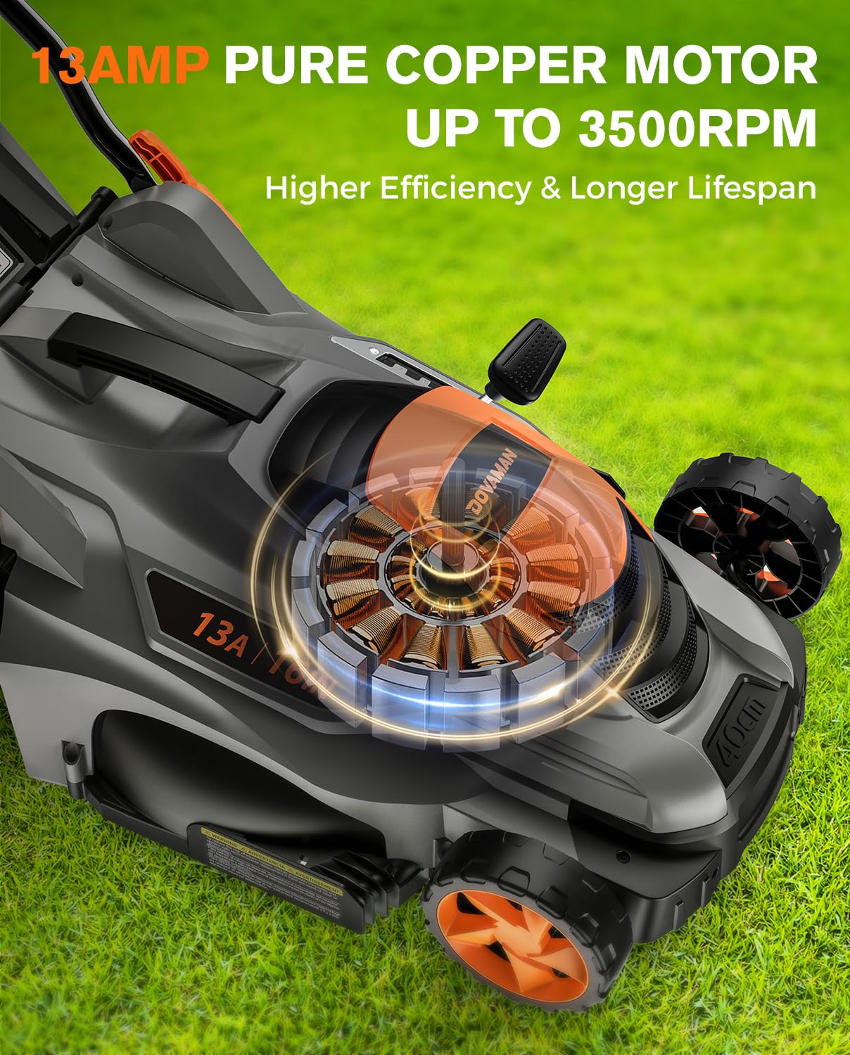 DOVAMAN 13Amp LA16M Lawn Mower, 16" Blade, 5-Position Height Adjustment, 3-Step Quick Vertical Fold Storage, 2-in-1 Mulching & Bagging, 98% Collection, Corded Lawn Mower for Your Garden