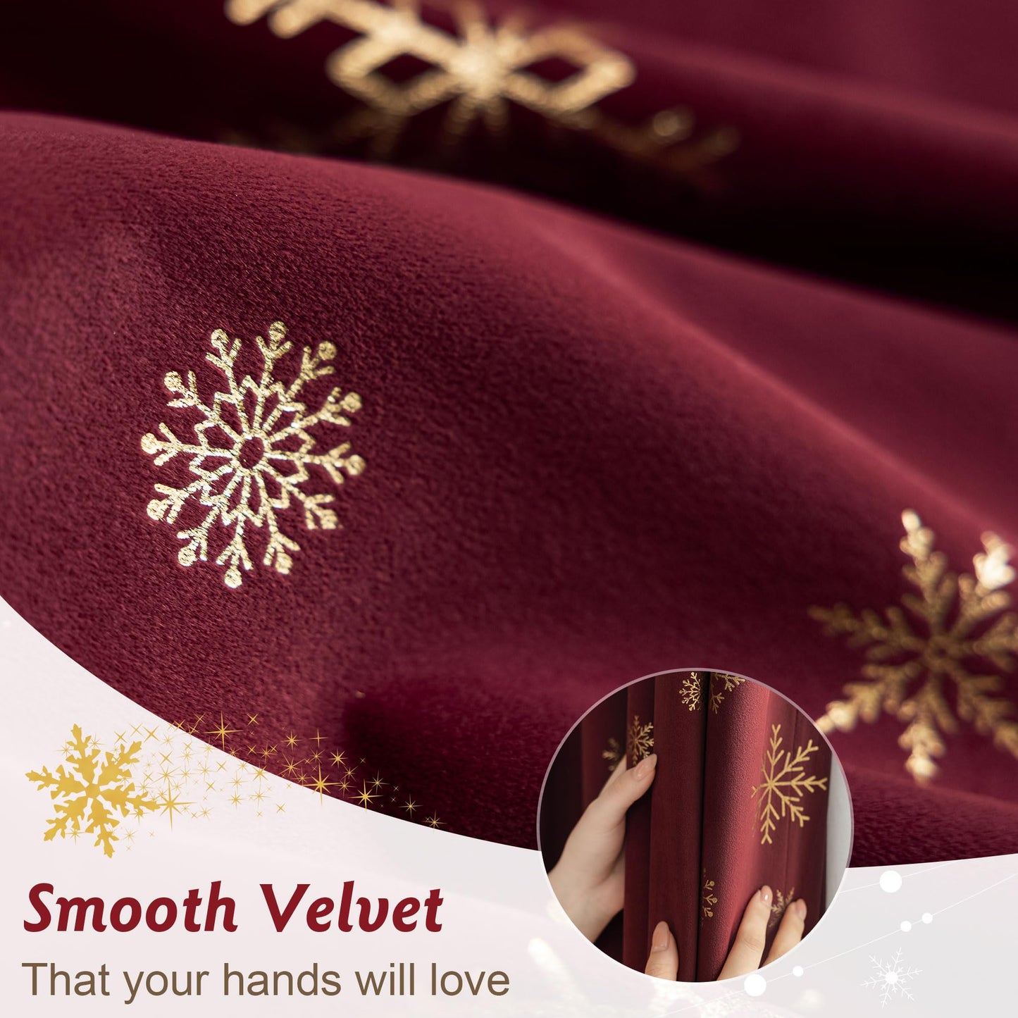 Beauoop Christmas Red Velvet Curtains 84 Inches Long 2 Panels for Bedroom Living Room Gold Snowflake Holiday Decor Burgundy Thermal Insulated Room Darkening Rod Pocket Window Treatments Drapes, 52X84