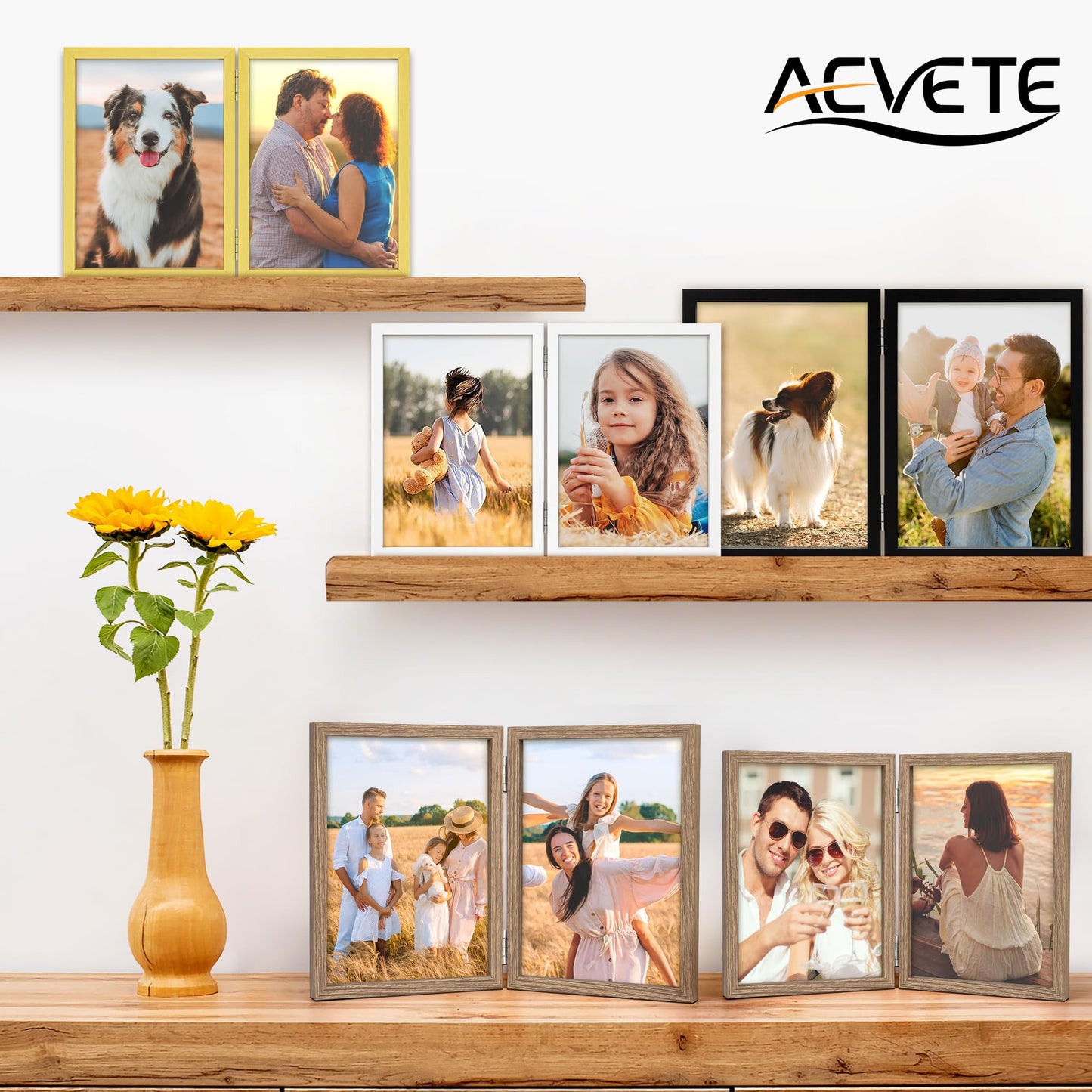 AEVETE 4x6 Picture Frames Double Hinged Wood Folding Photo Frames Vertical with Plexiglass Front