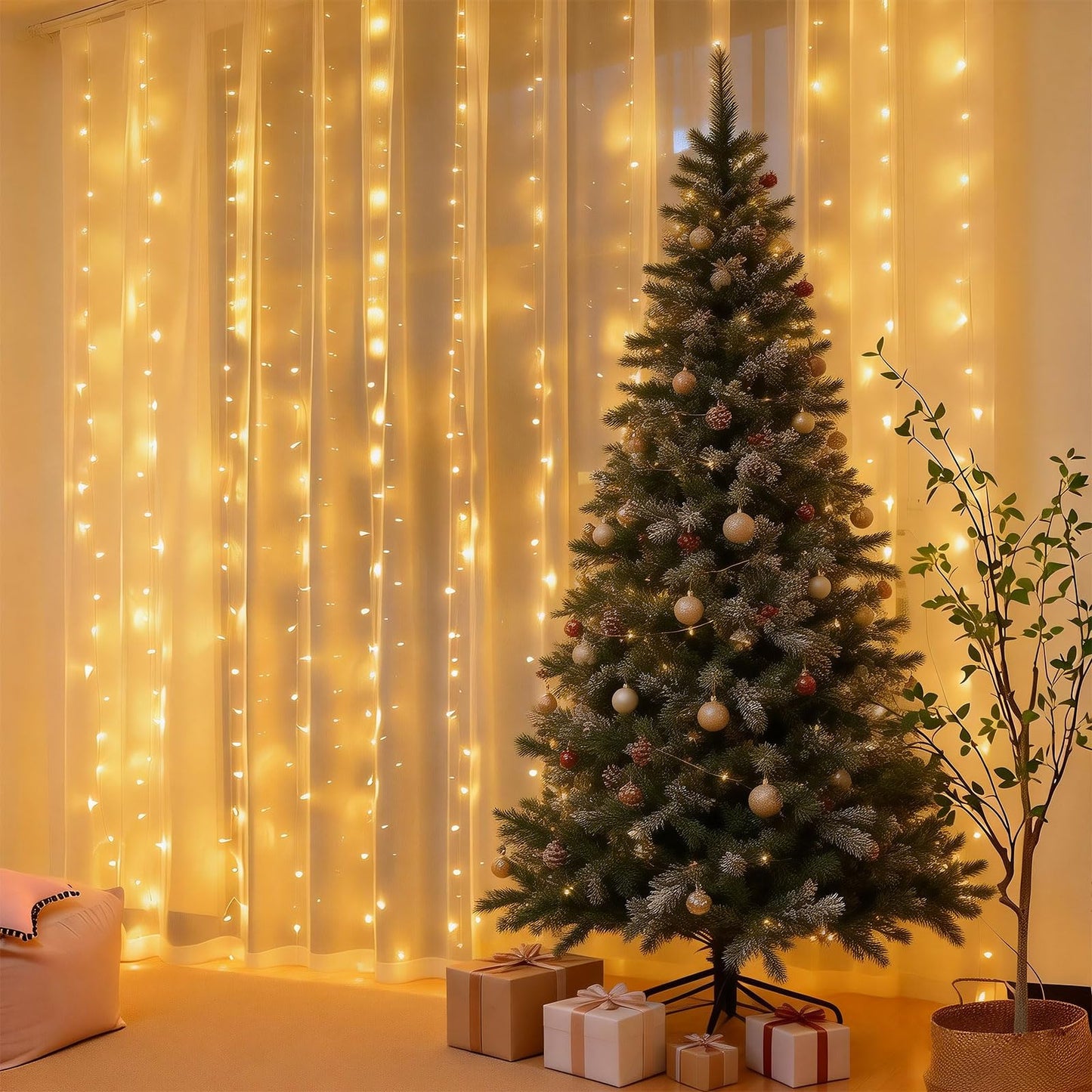 300LED Fairy Curtain Lights 9.8ft x 9.8ft LED Dimmable Twinkle Lights with Remote and Timer USB Plug in 8 Modes String Lights for Bedroom Backdrop Wedding Indoor Wall Christmas Decoration, Warm White