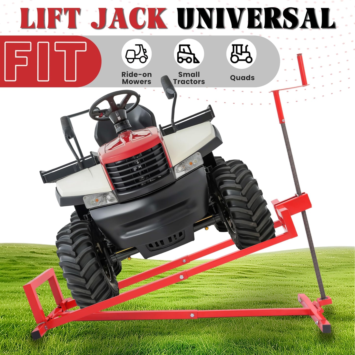 HECASA Lawn Mower Lift Jack 882lbs Universal Fit for Ride on Lawn Mowers & Garden Tractors Adjustable Telescopic Maintenance Jack Lifting Platform with Manual Handle Red Steel Powder Coated