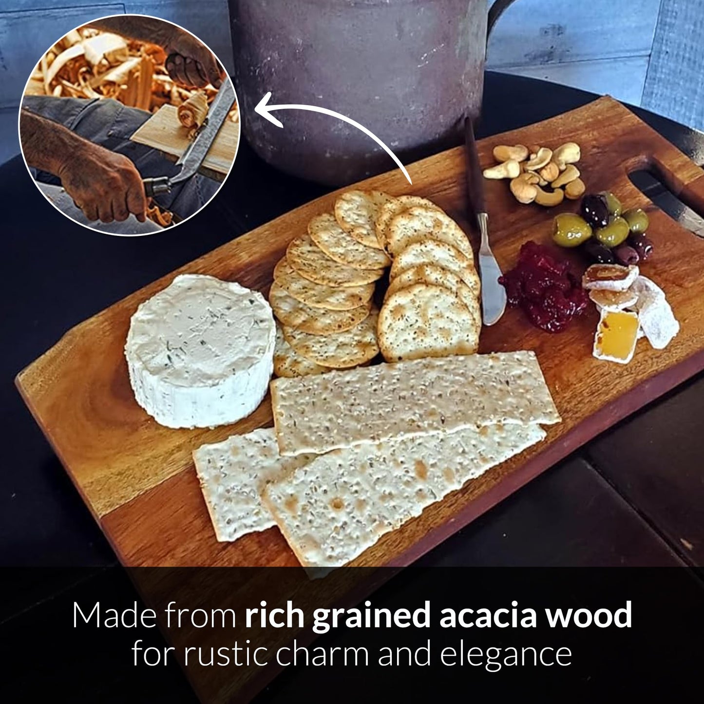 Acacia Charcuterie Board with Natural Live Edge & Round Handle - Wood Cheese Board - Decorative Wooden Serving & Cutting Board - Housewarming, Mothers Day, New Home & Wedding Gifts (18” x 8”)