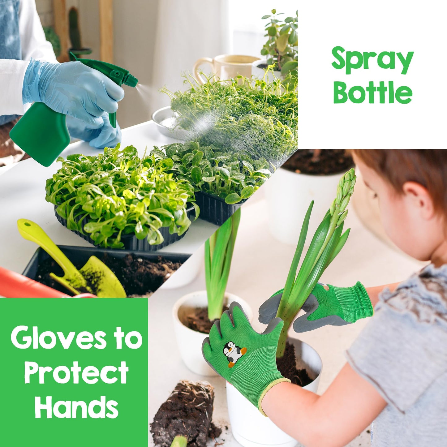 Amtreen Kids Gardening Tools Set - 6PCS Detachable Garden Tool Kit with Gloves, Shovel, Rake, Hoe, Leaf Rake & Spray Bottle - Wooden Handles with Hanging Hole, Perfect Outdoor Toy Gift for Ages 3-5
