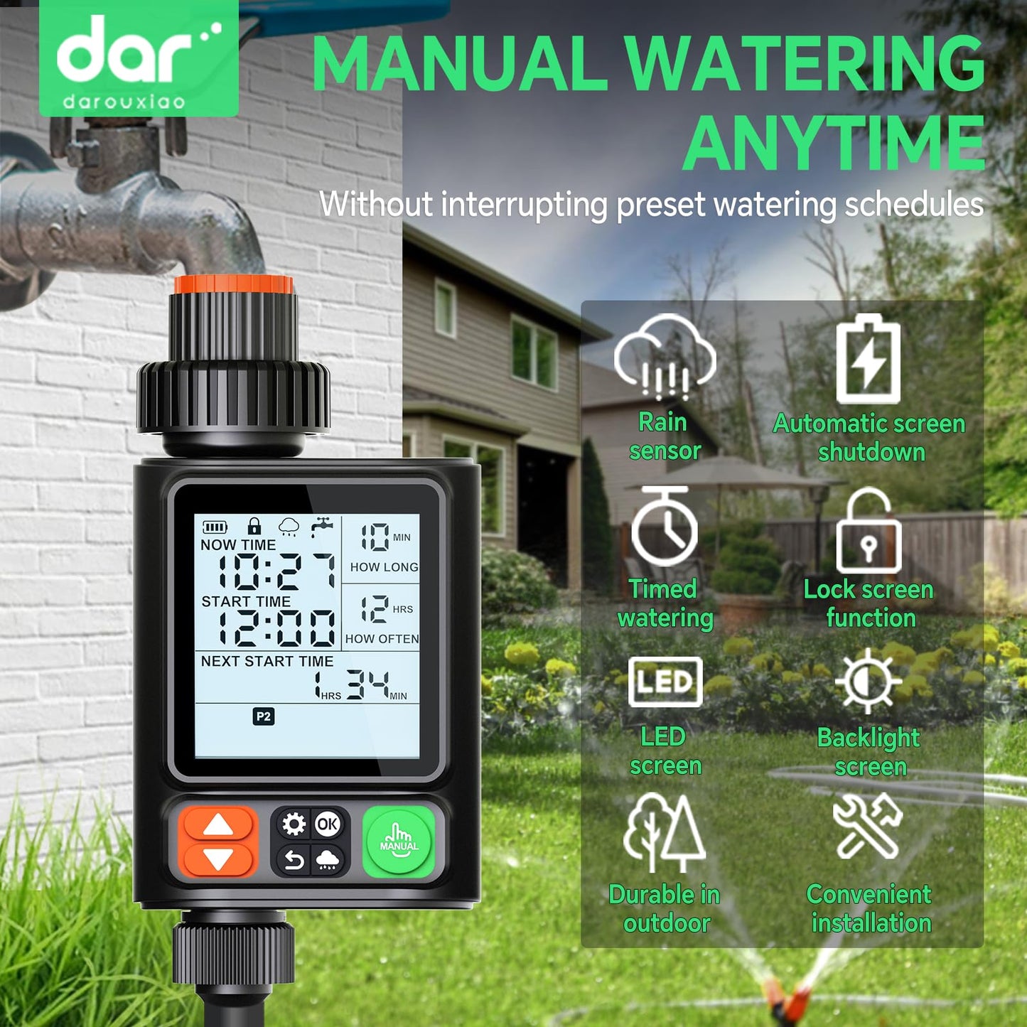 Sprinkler Timer for Garden Hose, Upgrade 10 Program Water Timer with Auto Rain Delay, IP54 Waterproof 3.3“ Large LCD Drip Irrigation System Timers for Plant, Yard, Lawns, Outdoor