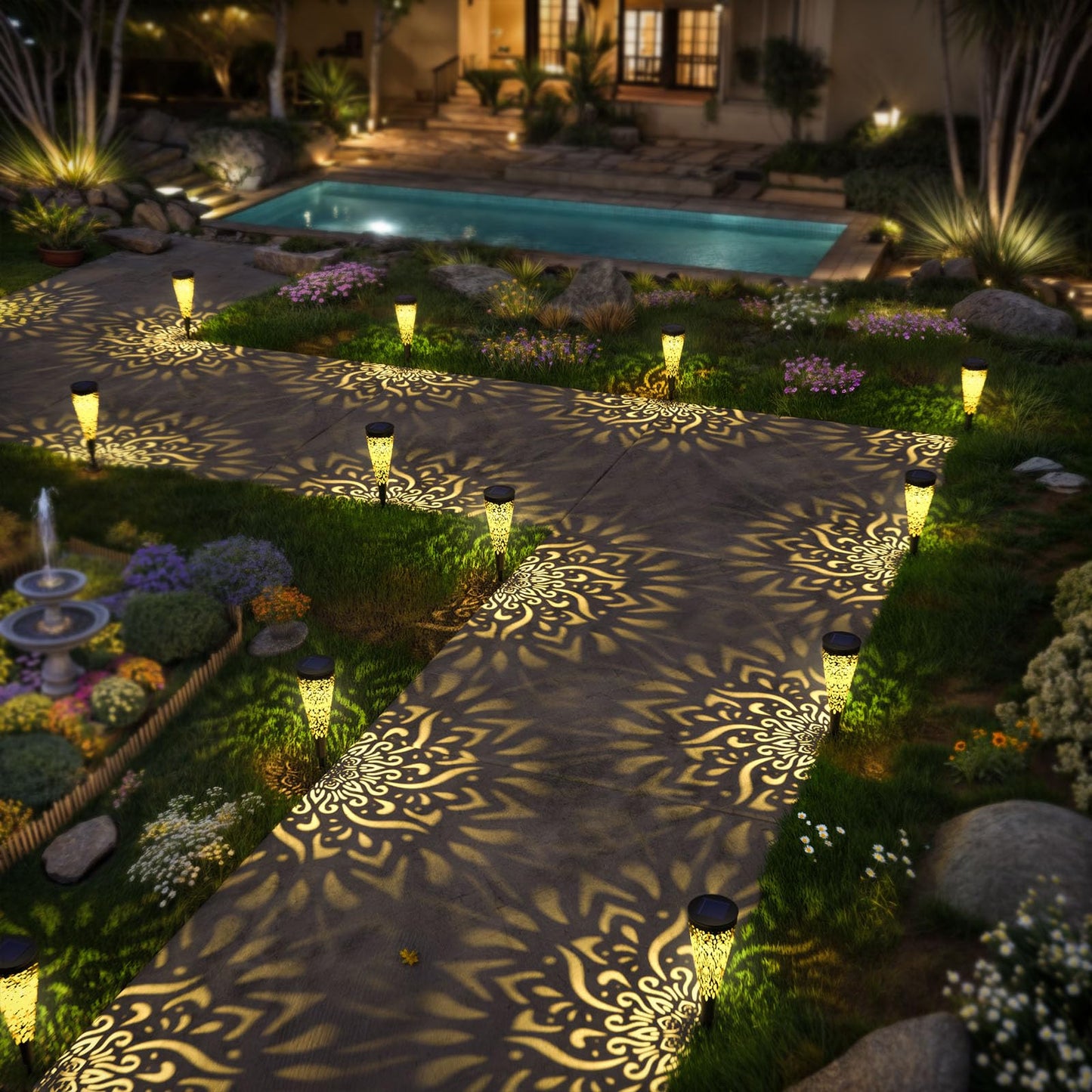 gardencave 6 Pack Solar Lights Outdoor Garden Decorative Mandala Solar Garden Lights with Warm Light Waterproof Solar Pathway Landscape Lights for Path Patio Backyard Walkway Yard Lawn Decor (Black)