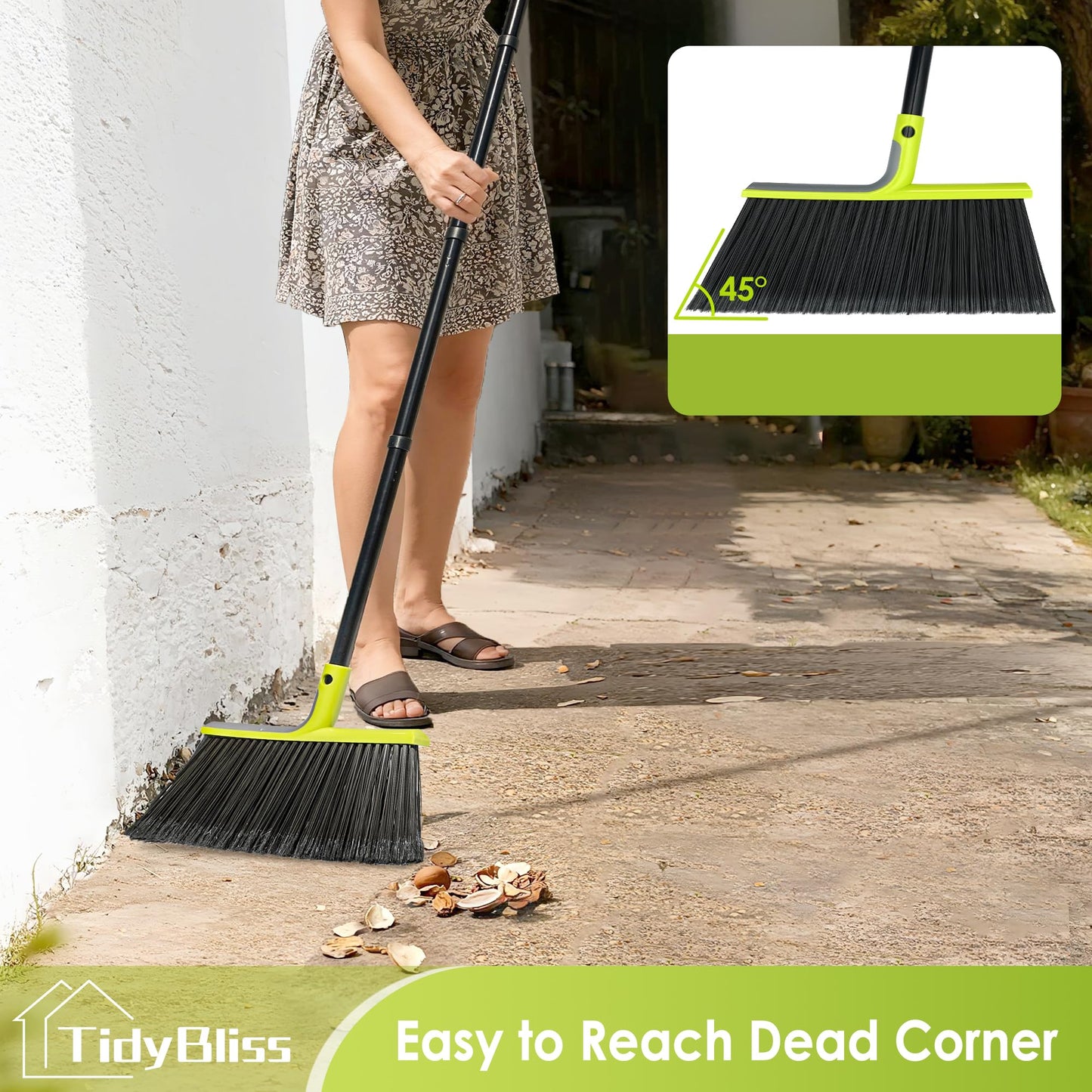TidyBliss 2 Pack Outdoor Broom Heavy Duty, 56 inches Tall Commercial Soft Bristle Angle Brush for Sweeping Outside Patio Garden Porch Deck Shop Restaurant Garage House Lobby Hardwood Floors (Green)