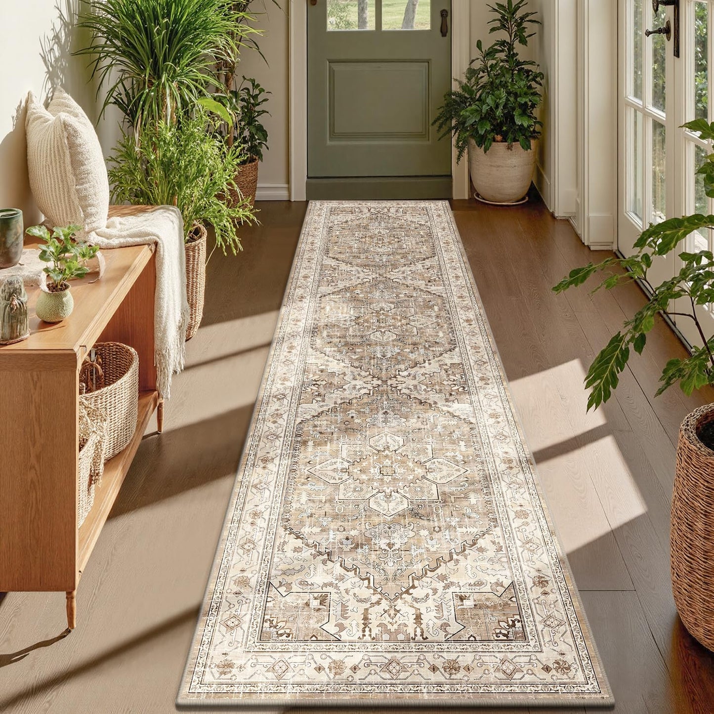Yamaziot Washable Runner Rug, 2x8 Non-Slip Boho Vintage Hallway Rug Runner with Rubber Backing, Stain Resistant & Low Pile Faux Wool Distressed Carpet Runner for Bedroom, Kitchen, Laundry, Entrance