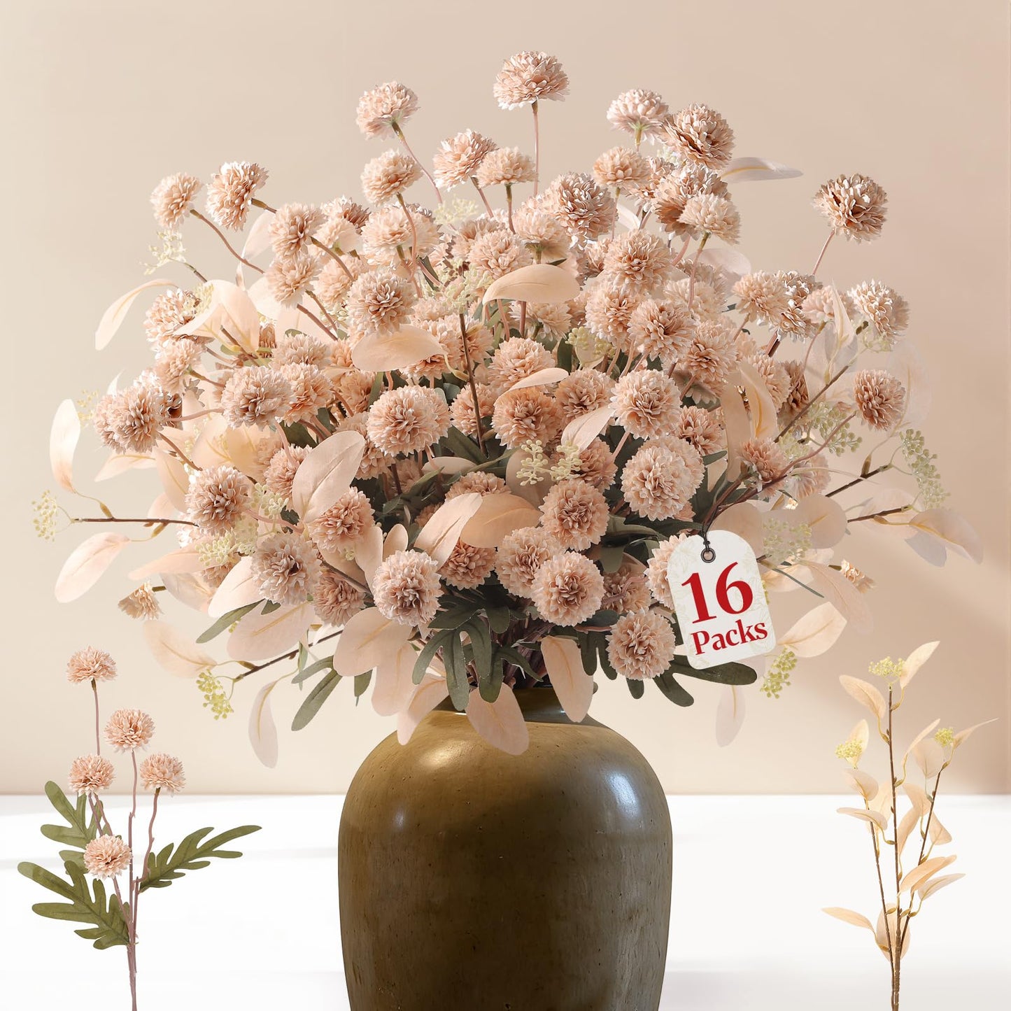 Alupssuc 16PCS Faux Silk Pompon Mums Artificial Flowers with Eucalyptus, Fake Chrysanthemum Floral for DIY Vase Arrangement, Long Stem Dining Table Centerpiece Home Decor, Beige