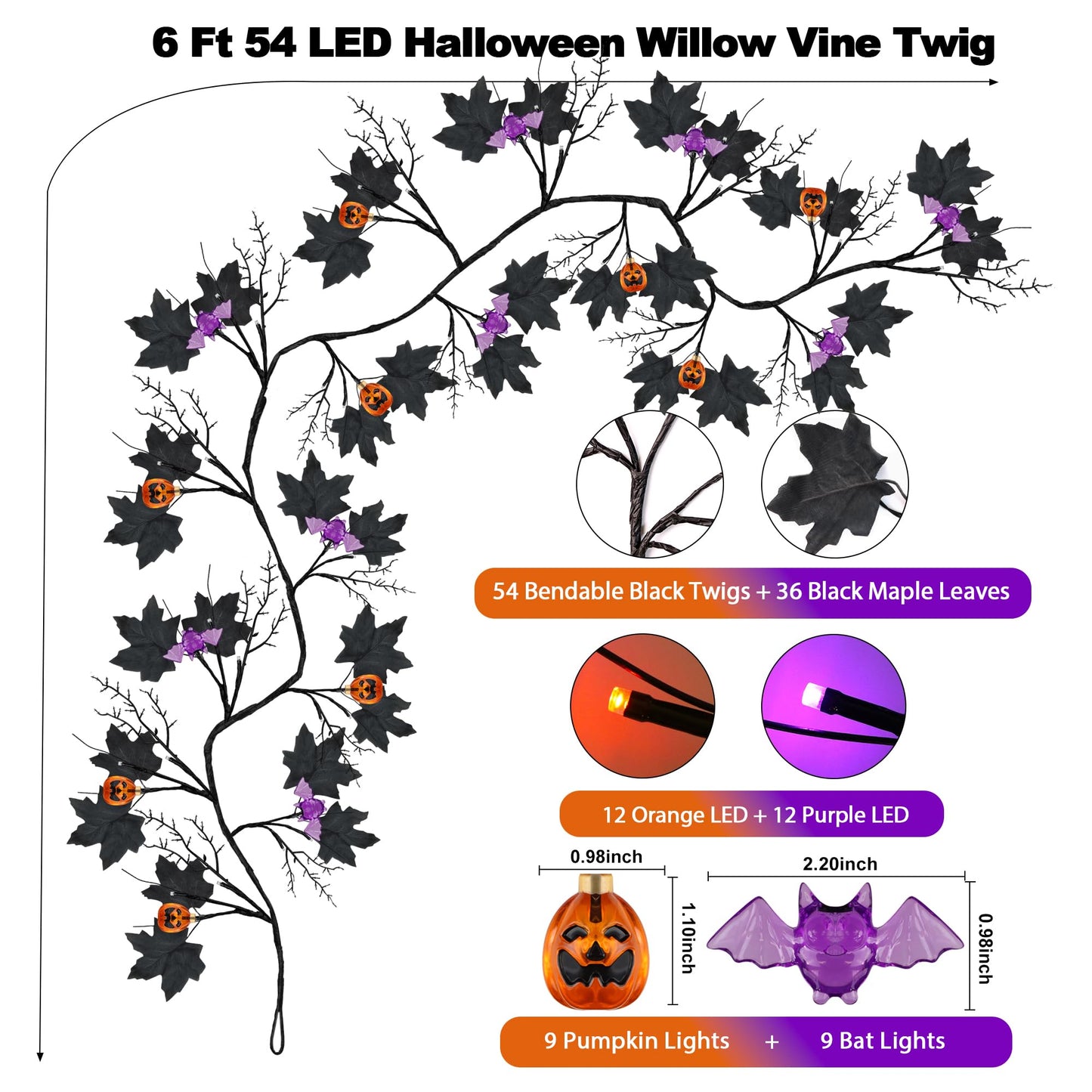 6FT 54 LED Willow Vine Twig Decor Black Halloween Garland with Pumpkin Bat Orange & Purple Light, 8 Modes Waterproof Battery Operated Indoor Halloween Decorations