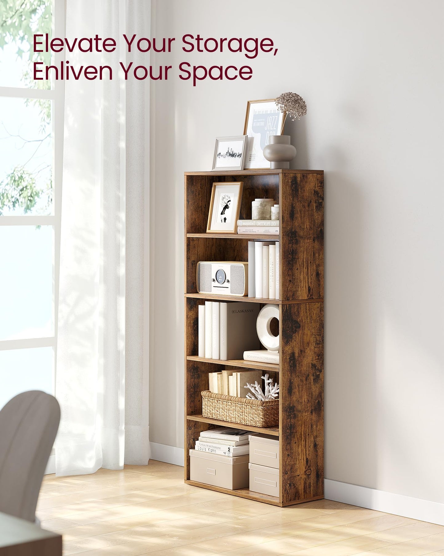 VASAGLE CUSTOS Collection - Bookshelf, 5-Tier Bookcase, Book Shelf, Open Storage Shelf, 9.4 x 23.6 x 52.5 Inches, for Living Room, Home Office, Dining Room, Rustic Brown ULBC165X01