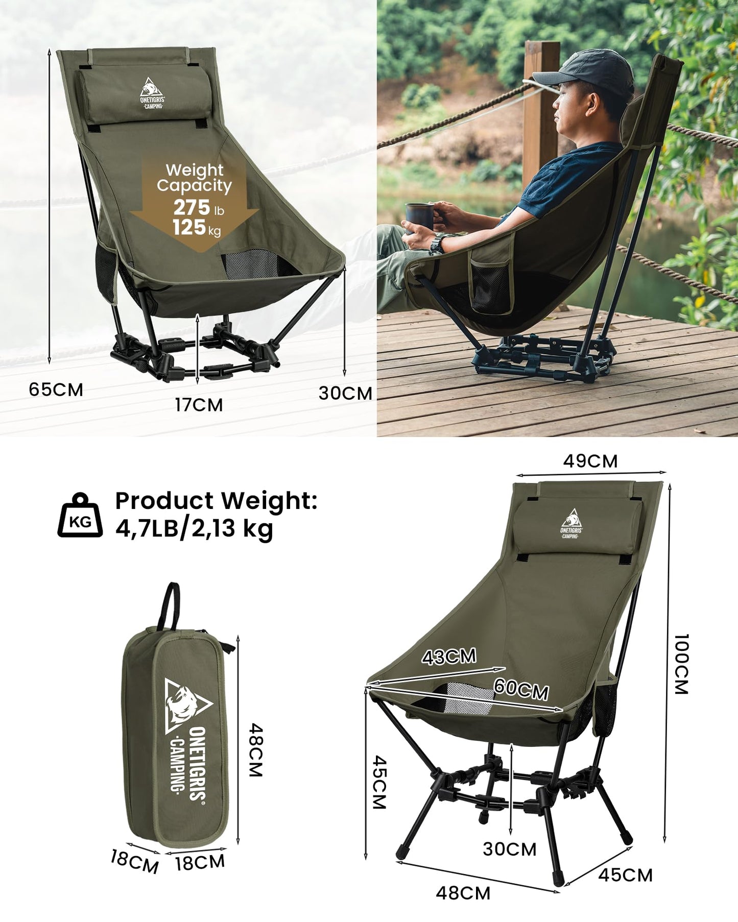 ONETIGRIS Dragonhide Oversized Camping Chair with Pillow Design, Comfortable Widened Seat Folding, 275 lbs Capacity