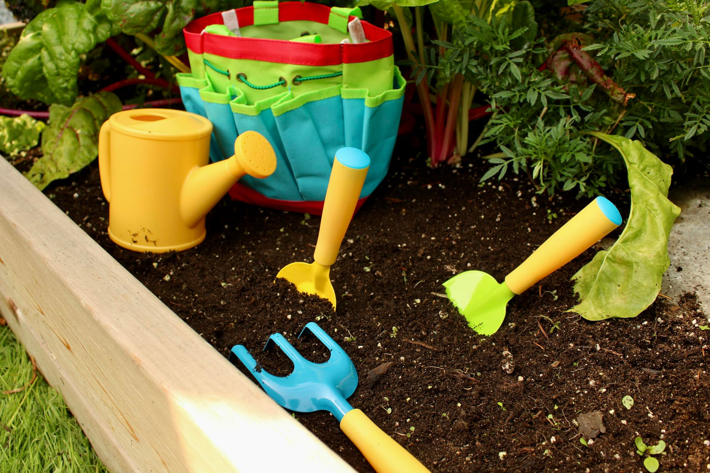 Seeding Square Kids Garden Tool Set – All-in-One Gardening Kit with Trowel, Shovel, Rake, Watering Can & Tote Bag – Durable, Safe & Fun Outdoor Activity for Children Ages 3+