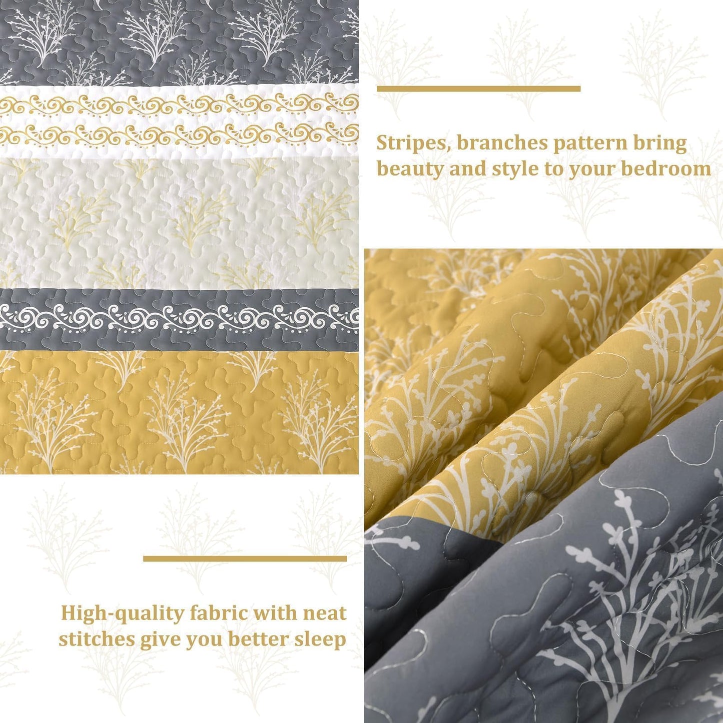 DJY Yellow Boho Quilt Set Queen Size, Striped Floral Yellow and Grey Bedspread Coverlet, 3 Pieces Patchwork Stripe Quilt Bedding Set Soft Microfiber Reversible Bedspread for All Season (96"x90")
