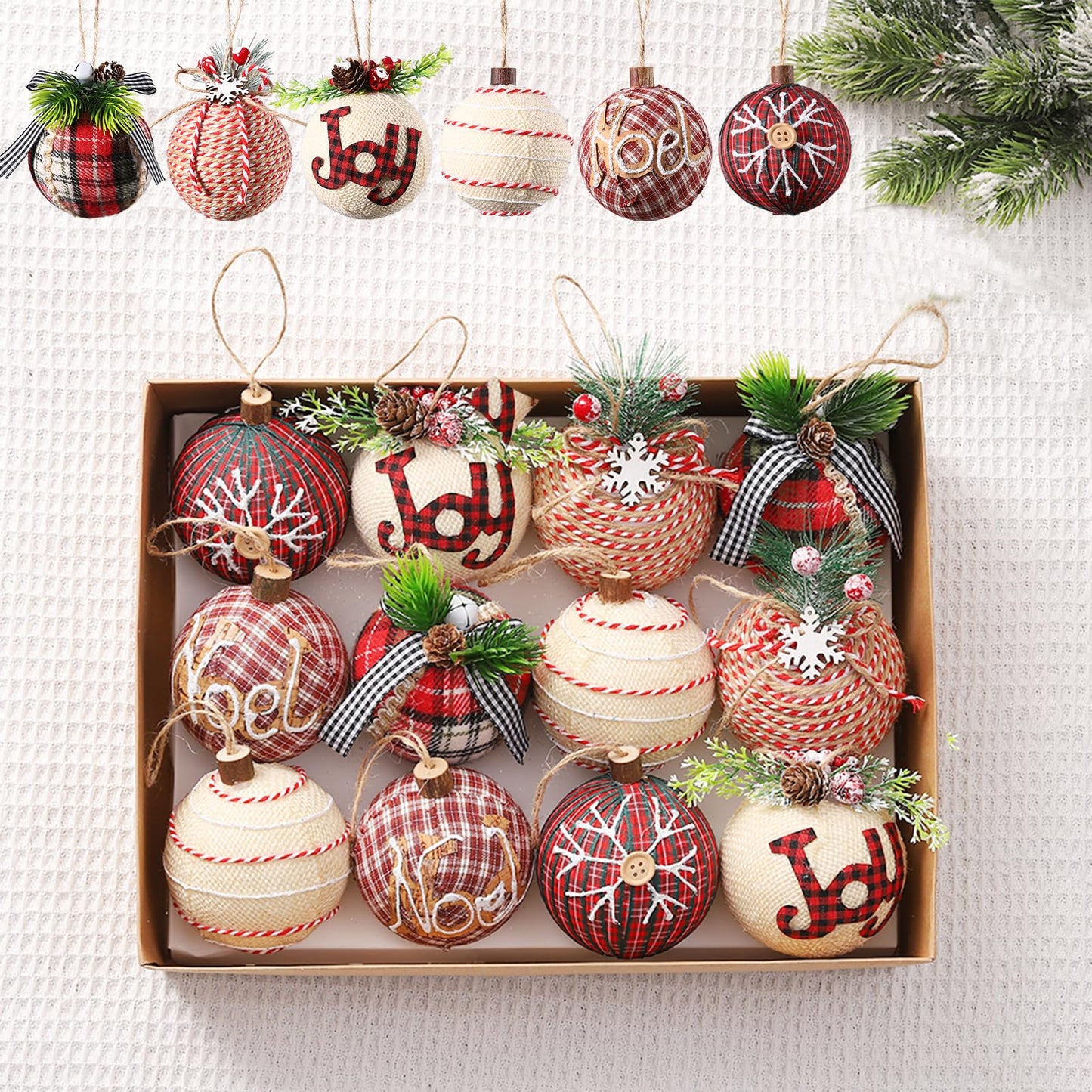12 Piece Rustic Christmas Tree Ornaments, Farmhouse Christma Decoration, 3.15 inch Natural Jute Burlap Christmas Ball