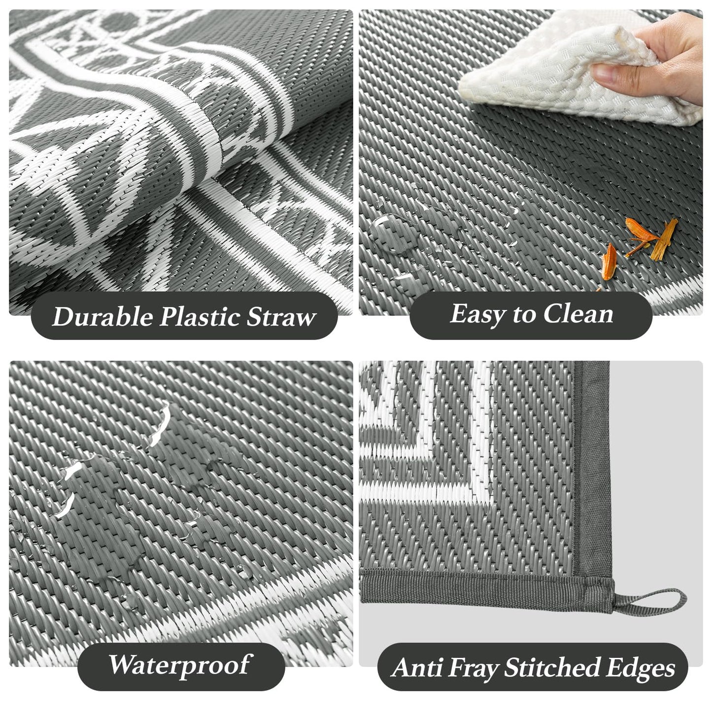 LBRO2M Waterproof Outdoor Rugs 8X10 for Patio Outdoor Plastitc Straw Rug Reversible Outdoor Border Rugs RV Rug for Deck, Pinic, Beach (8X10, Gray)