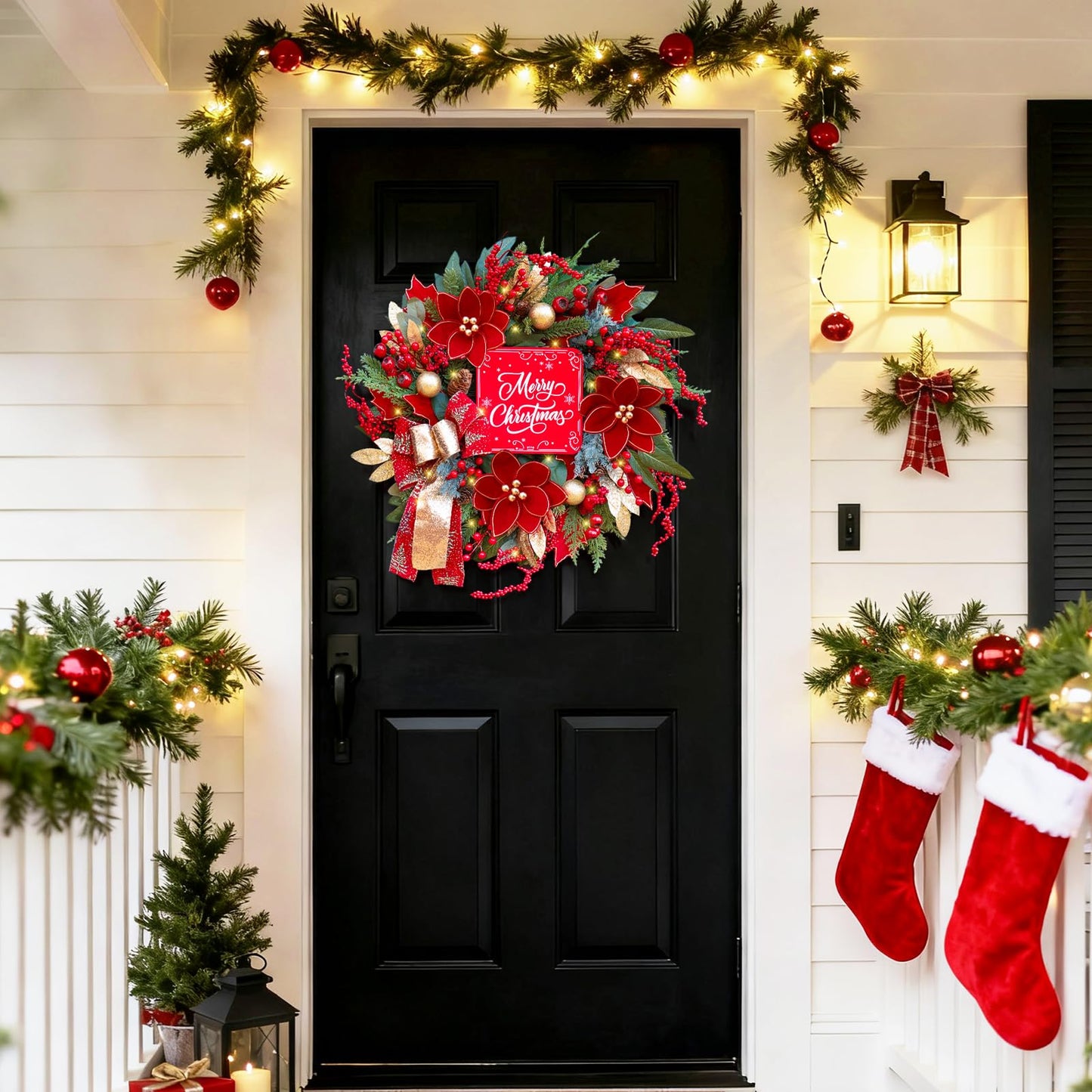Christmas Wreath with Lights, 24 Inch Lighted Christmas Wreath for Front Door, Winter Wreath with LED Lights, red Berries, Pinecones, Gold Ball, Red Bow, Merry Christmas Sign for Indoor or Outdoor