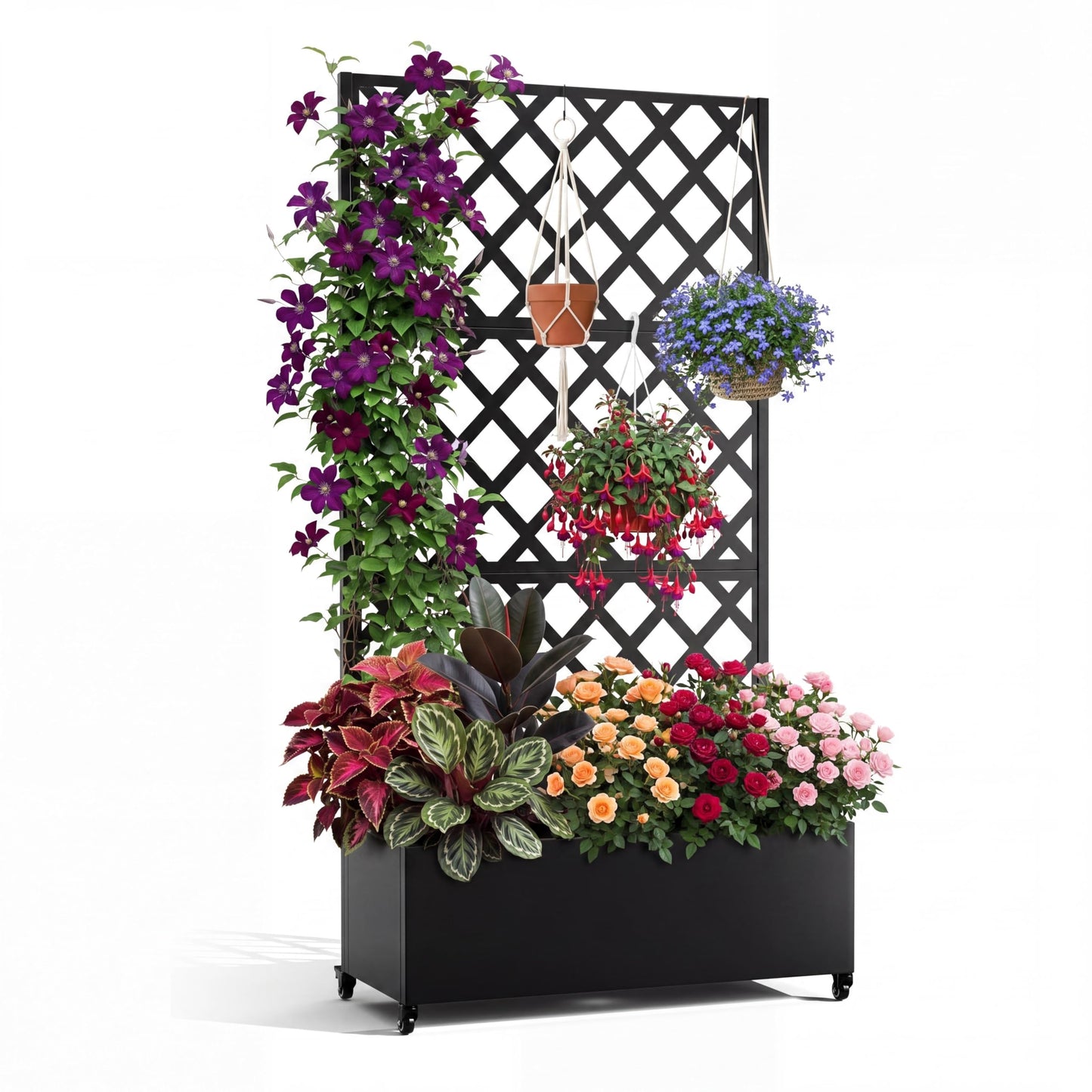 Takywep 72"x35" Black Raised Garden Bed with Diamond Lattice Trellis, Mobile Galvanized Metal Planter Box on Wheels for Climbing Plants, Vines & Flowers