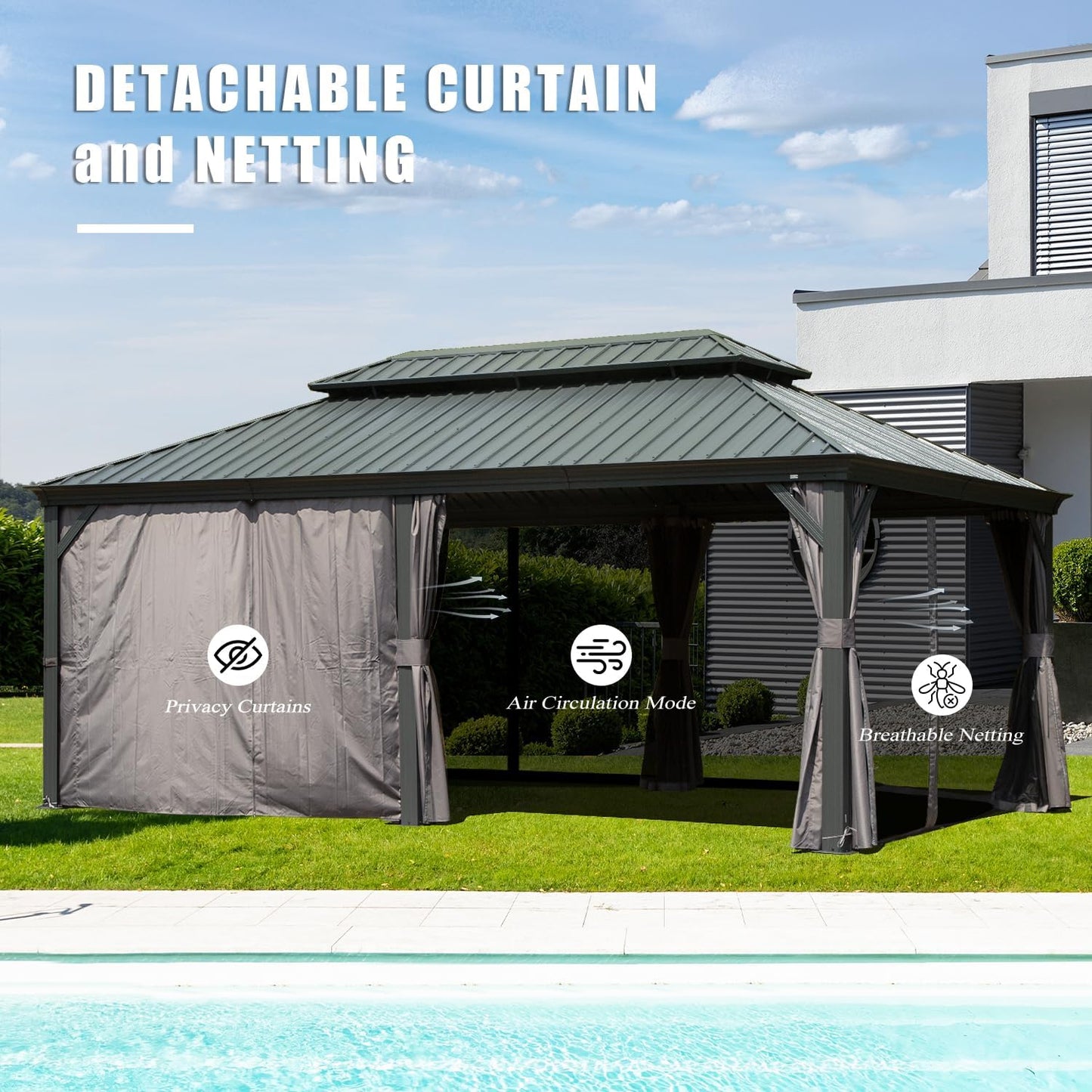 Domi 14'x20' Outdoor Gazebo, Hardtop Gazebo with Aluminum Frame, Heavy Duty Pavilion Gazebo for Patio Deck Backyard,Curtain and Netting, Grey