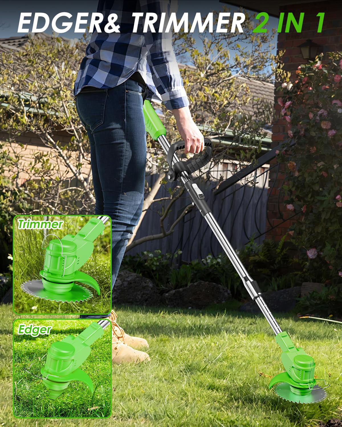 Cordless Weed Wacker Battery Powered, 2-in-1 Electric String Trimmer & Edger, 21V Foldable Grass Cutter with 2.0Ah Battery and Charger, Lawn Tool for Garden Yard Maintenance