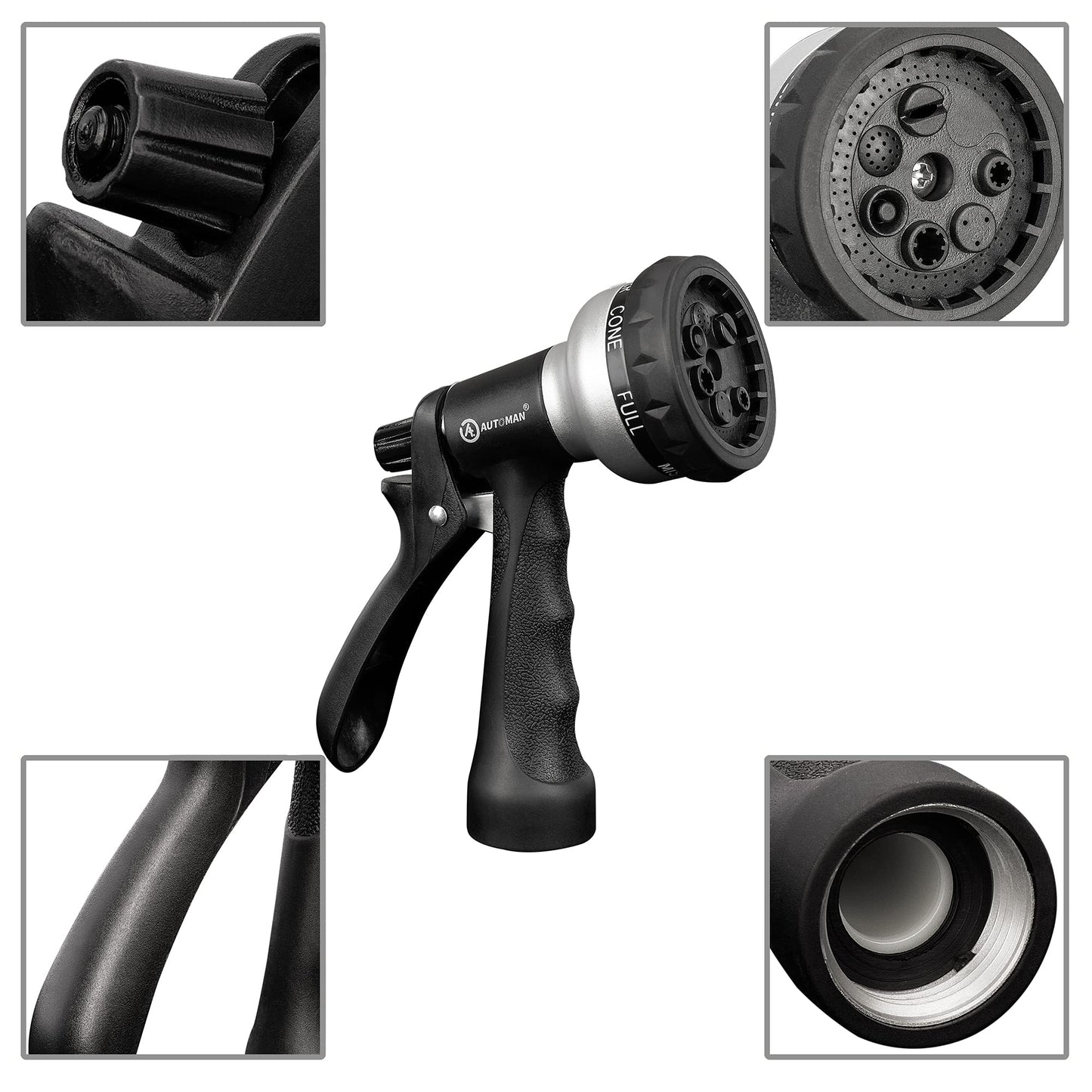 AUTOMAN-Garden-Hose-Nozzle, ABS Water Spray Nozzle, 7 Adjustable Watering Patterns, Slip Resistant for Watering Plants, Lawn& Garden, Washing Cars, Cleaning, Showering Pets & Outdoor Fun.Silver Color