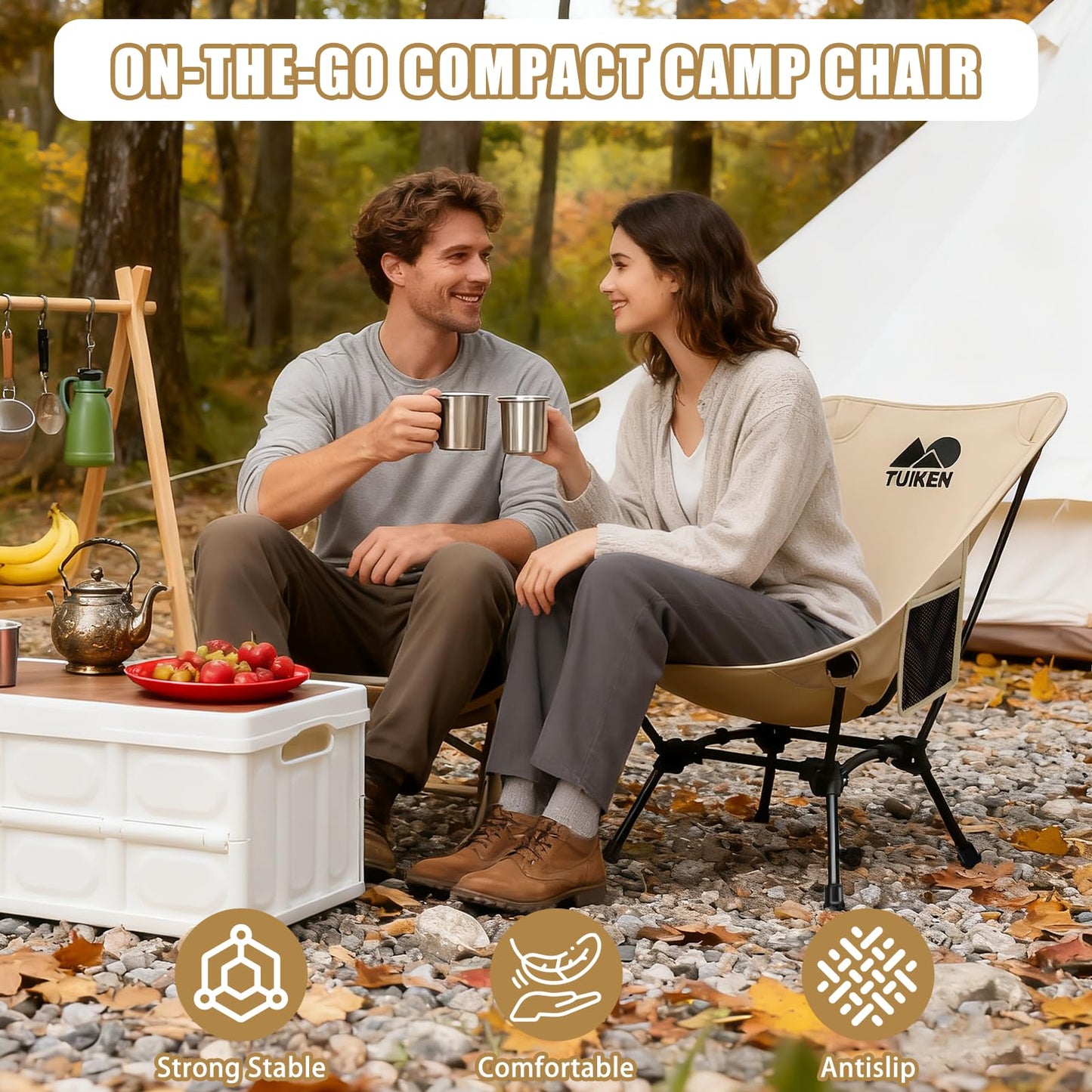 TUIKEN Ultralight Camping Chair Backpacking Chair, Portable Camp Chair with Cup Holder & Storage Bag, Lightweight Compact Folding Chair for Hiking, Travel, Picnic Mountaineering (Light Brown)