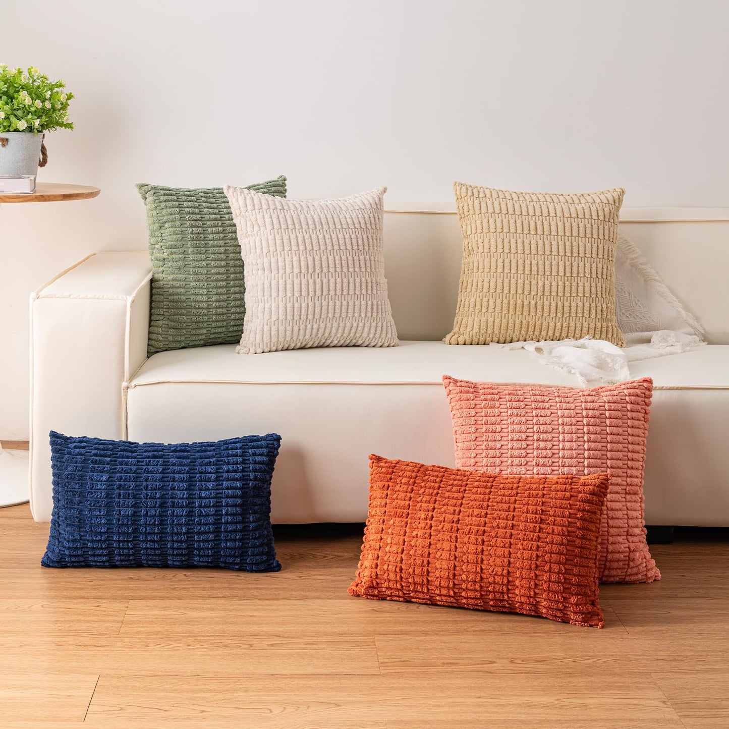 Aegero Pack of 2 Corduroy Decorative Throw Pillow Covers 18x18 Inch Soft Striped Pillow Covers Modern Farmhouse Home Decor for Sofa Living Room Couch Bed(Cream White)