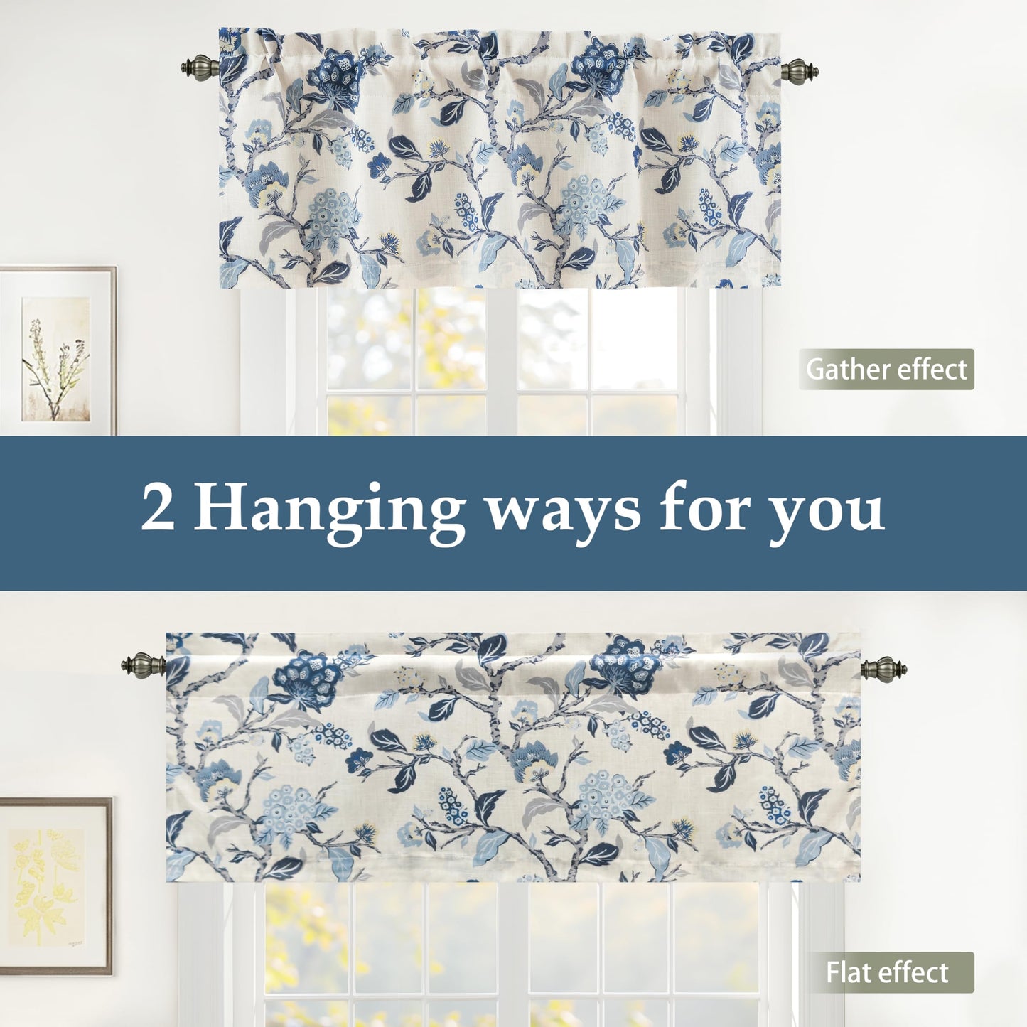 DriftAway Ada Botanical Print Lined Flower Leaf Thermal Insulated Linen Blend Window Valance Rod Pocket 52 Inch by 14 Inch Plus 1.75 Inch Header Navy 1 Pack